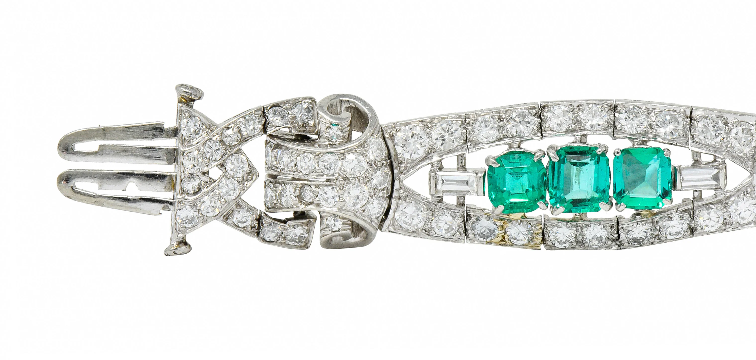 1950's Mid-Century 9.55 CTW Emerald Diamond Platinum Scrolled Link Bracelet - Image 7