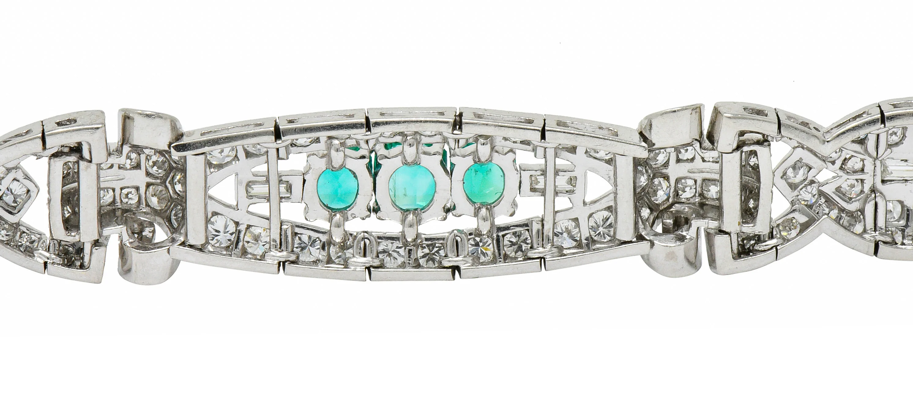 1950's Mid-Century 9.55 CTW Emerald Diamond Platinum Scrolled Link Bracelet - Image 8
