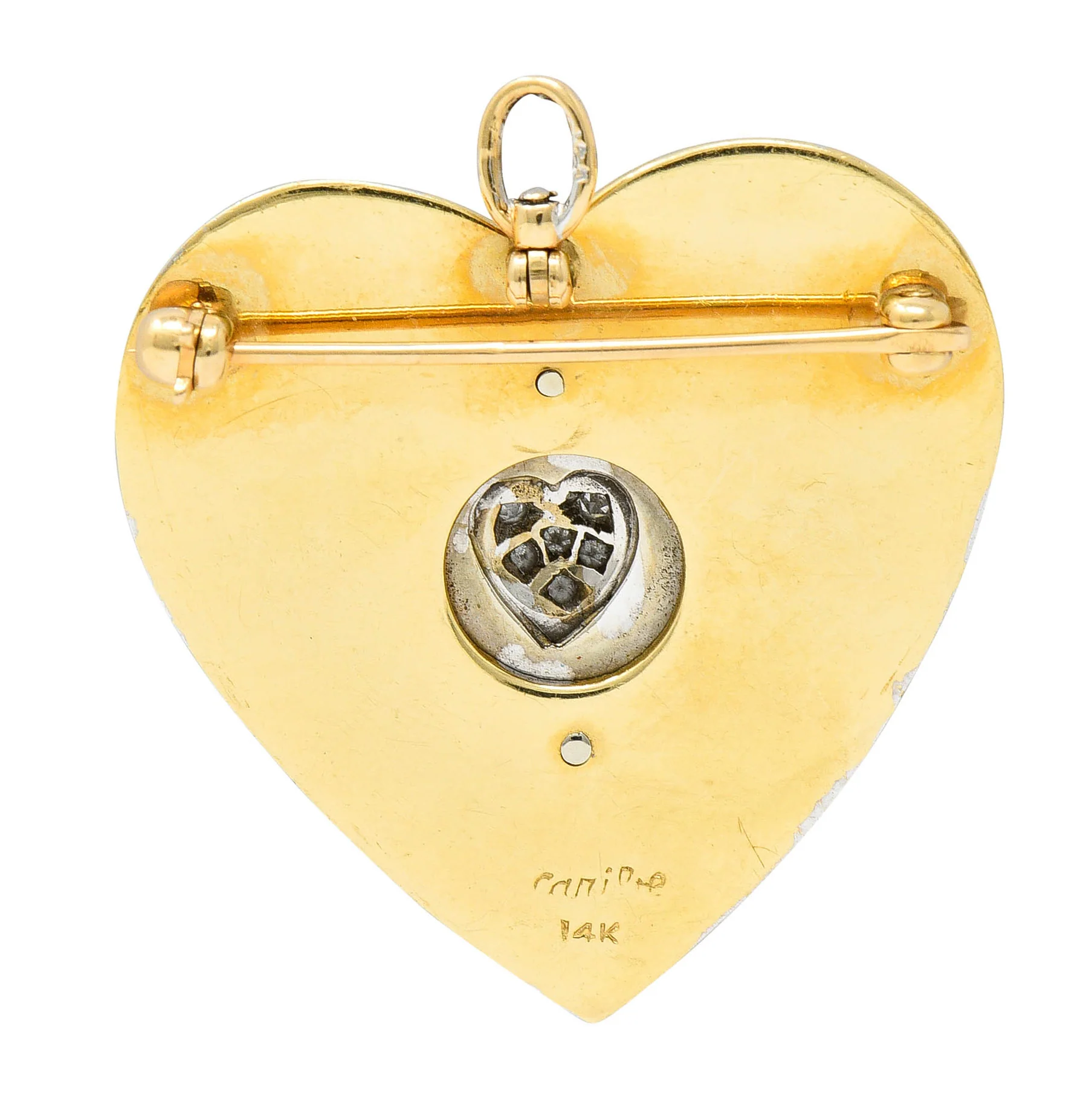 1950's Mid-Century Diamond Enamel Platinum 14 Karat Gold Heart Pendant Brooch - Image 4