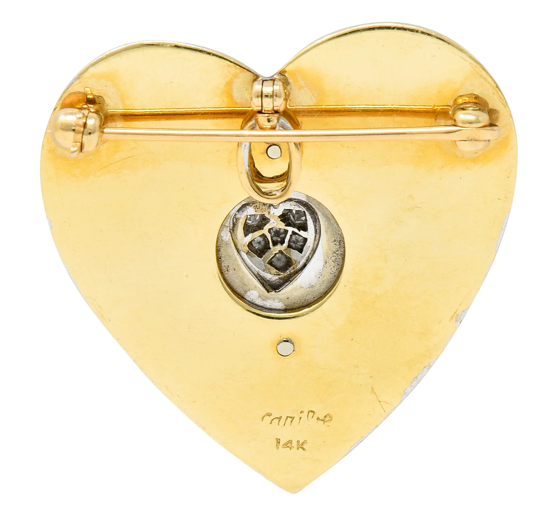 1950's Mid-Century Diamond Enamel Platinum 14 Karat Gold Heart Pendant Brooch - Image 5