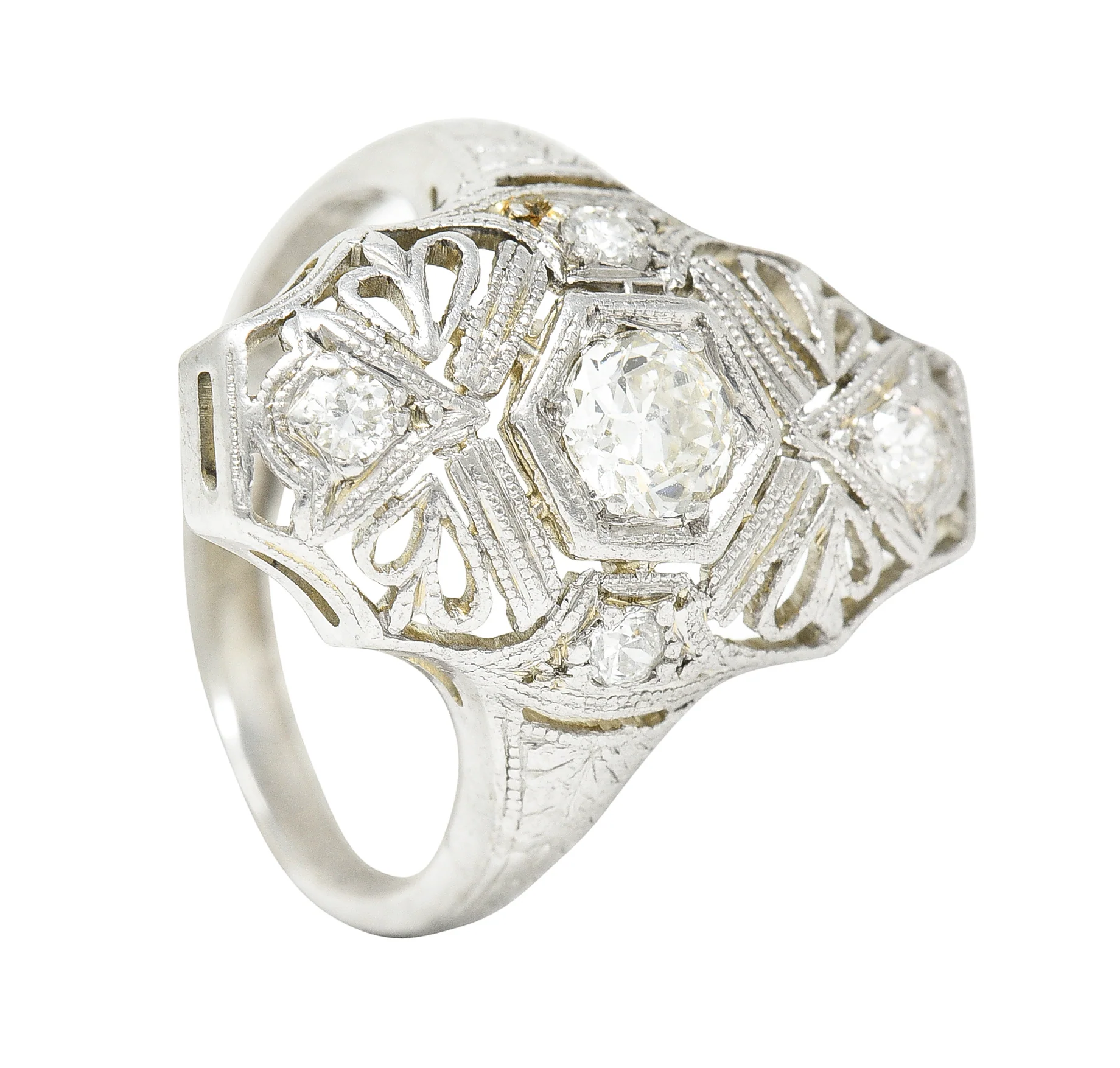 1950's Mid-Century Old European Cut Diamond 18 Karat White Gold Filigree Vintage Dinner Ring - Image 11
