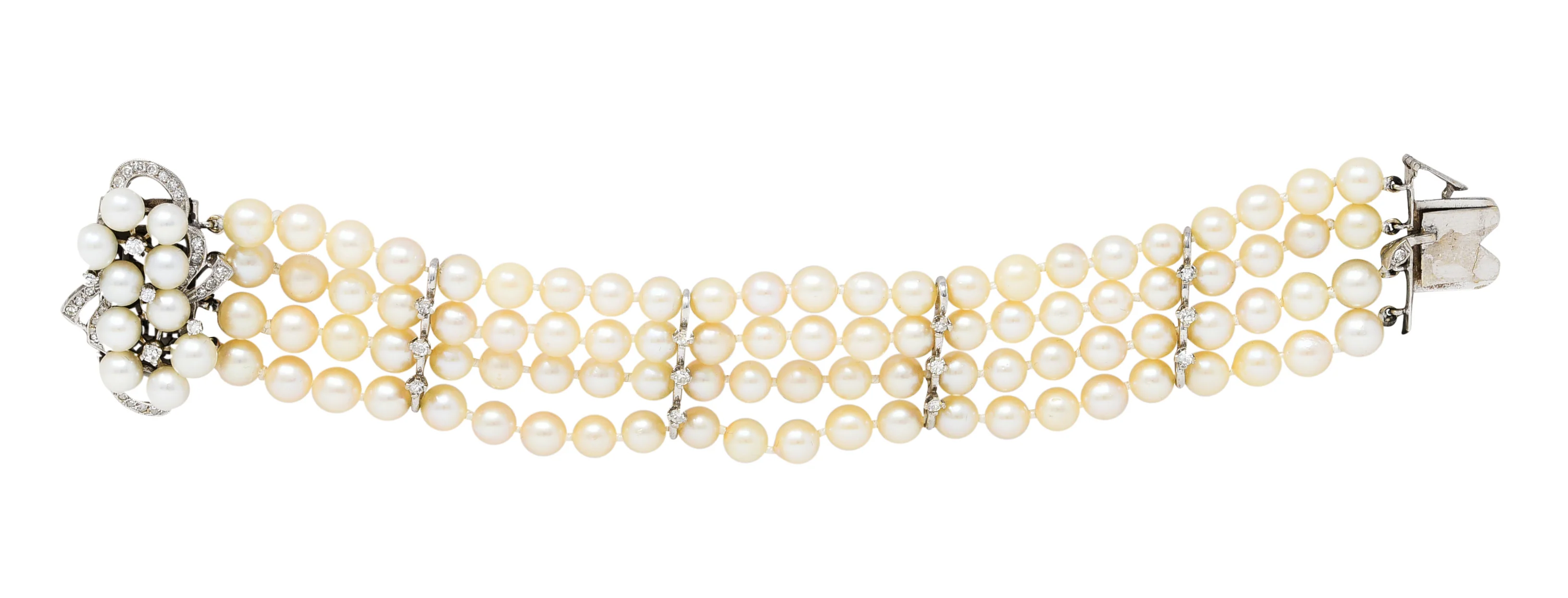 1950's Mid-Century Pearl 1.25 CTW Diamond 14 Karat White Gold Multi-Strand Bracelet - Image 2