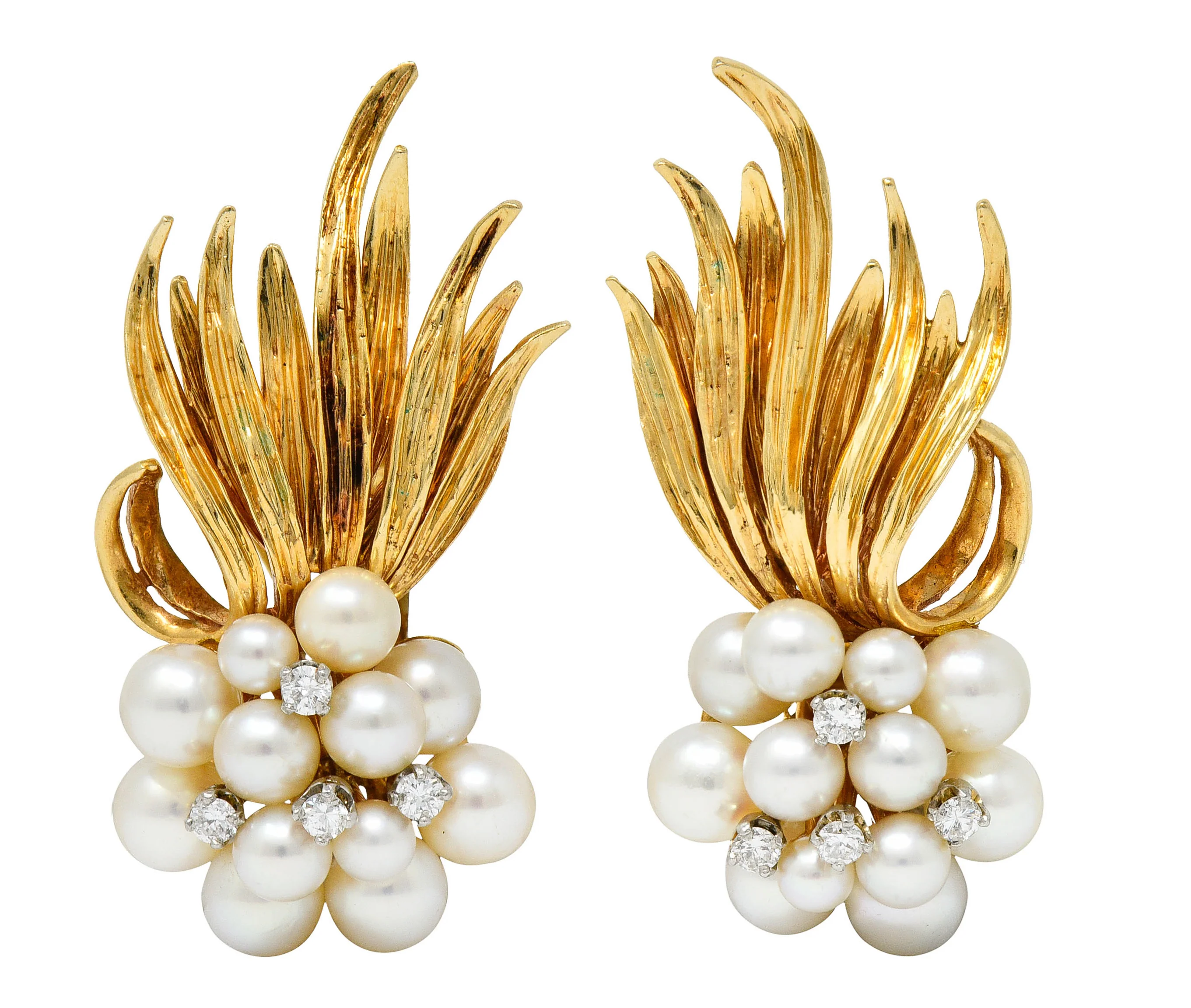 1950's Mid-Century Pearl Diamond 14 Karat Gold Cluster Ear-Clip Earrings