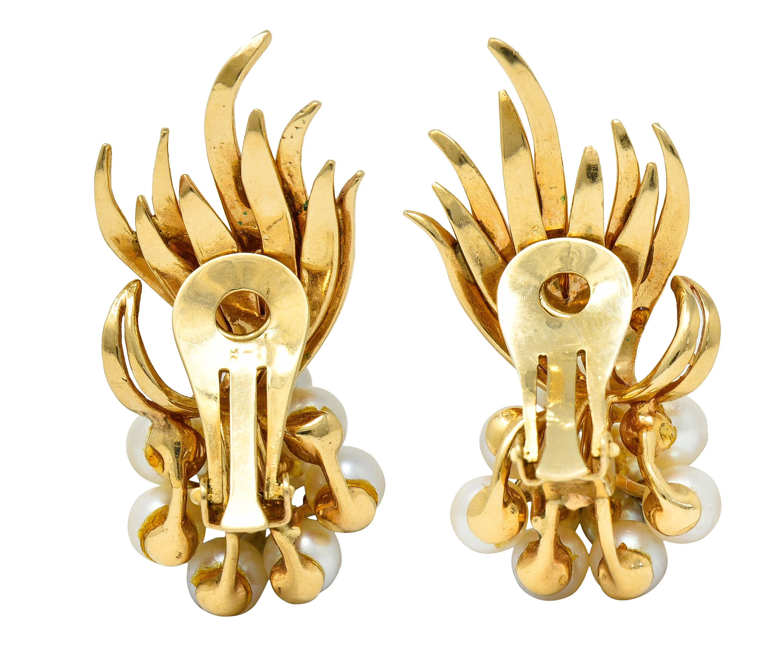 1950's Mid-Century Pearl Diamond 14 Karat Gold Cluster Ear-Clip Earrings - Image 5