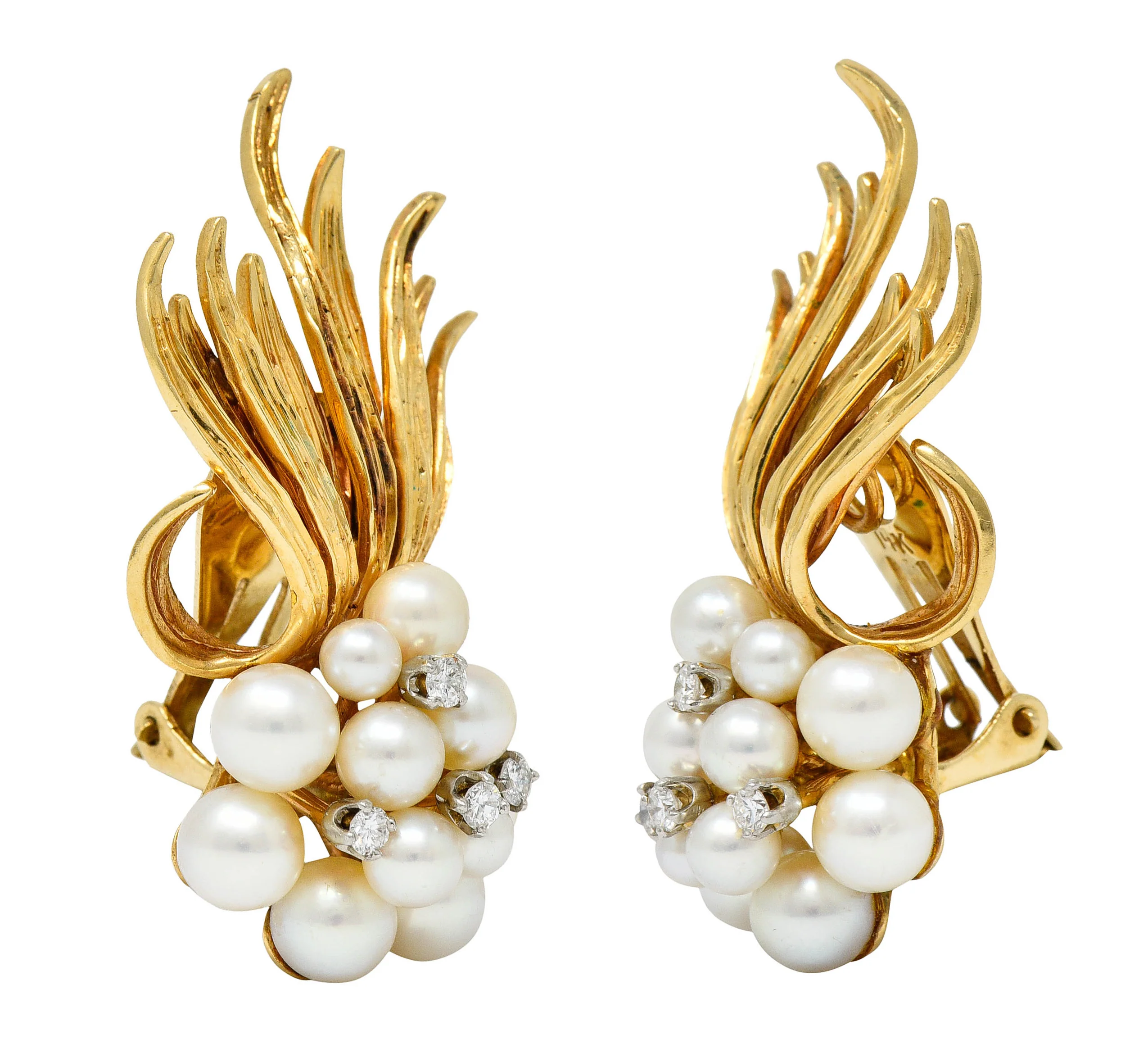 1950's Mid-Century Pearl Diamond 14 Karat Gold Cluster Ear-Clip Earrings - Image 6