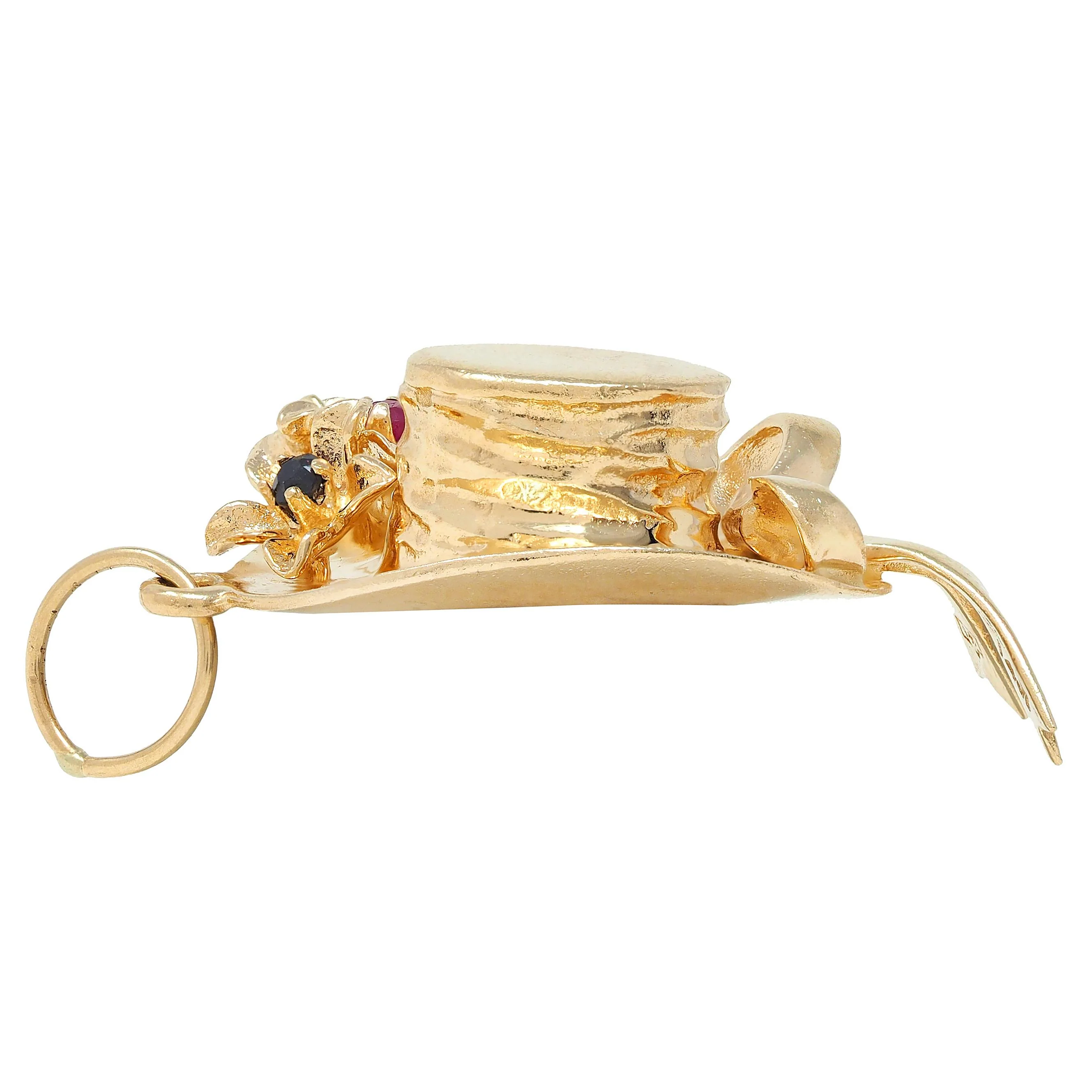 1950's Multi-Gem 14 Karat Yellow Gold Vintage Sun Hat Pendant Charm - Image 6