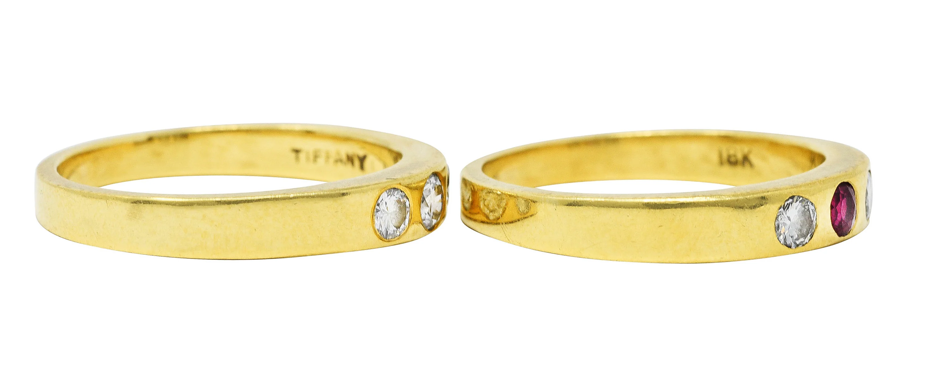 1960's 0.50 CTW Tiffany Ruby Diamond Three Stone Stacking Band Ring Set - Image 3