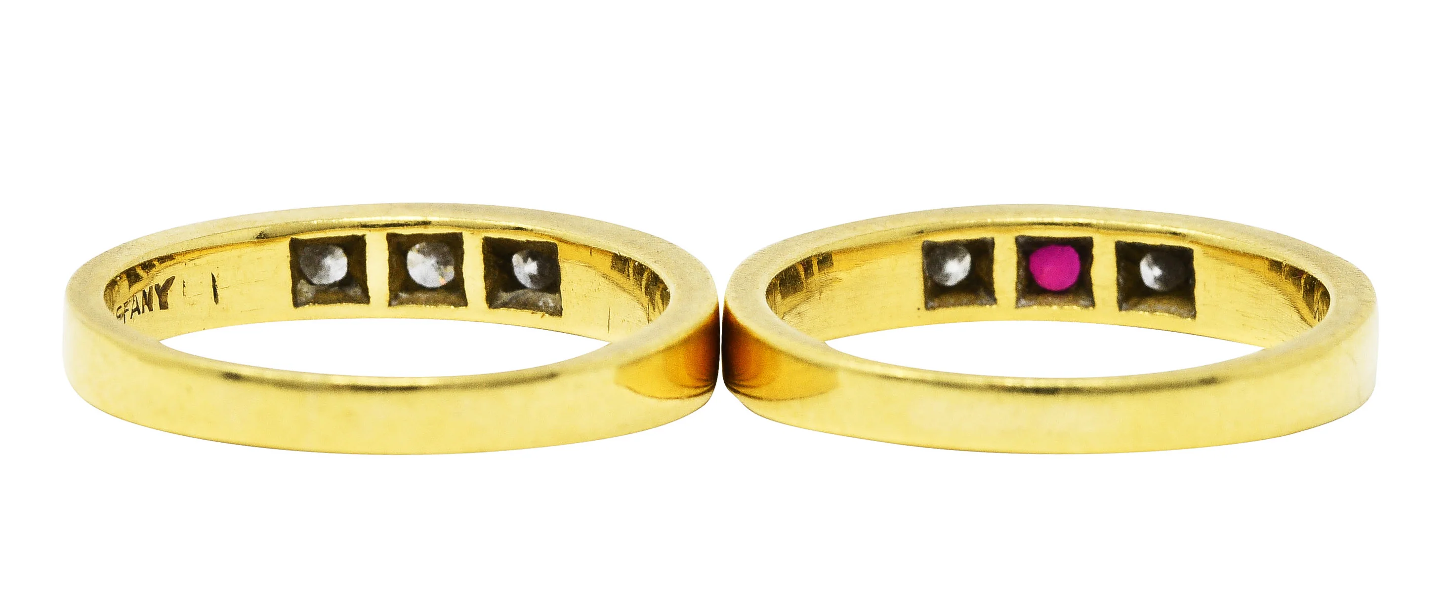 1960's 0.50 CTW Tiffany Ruby Diamond Three Stone Stacking Band Ring Set - Image 4