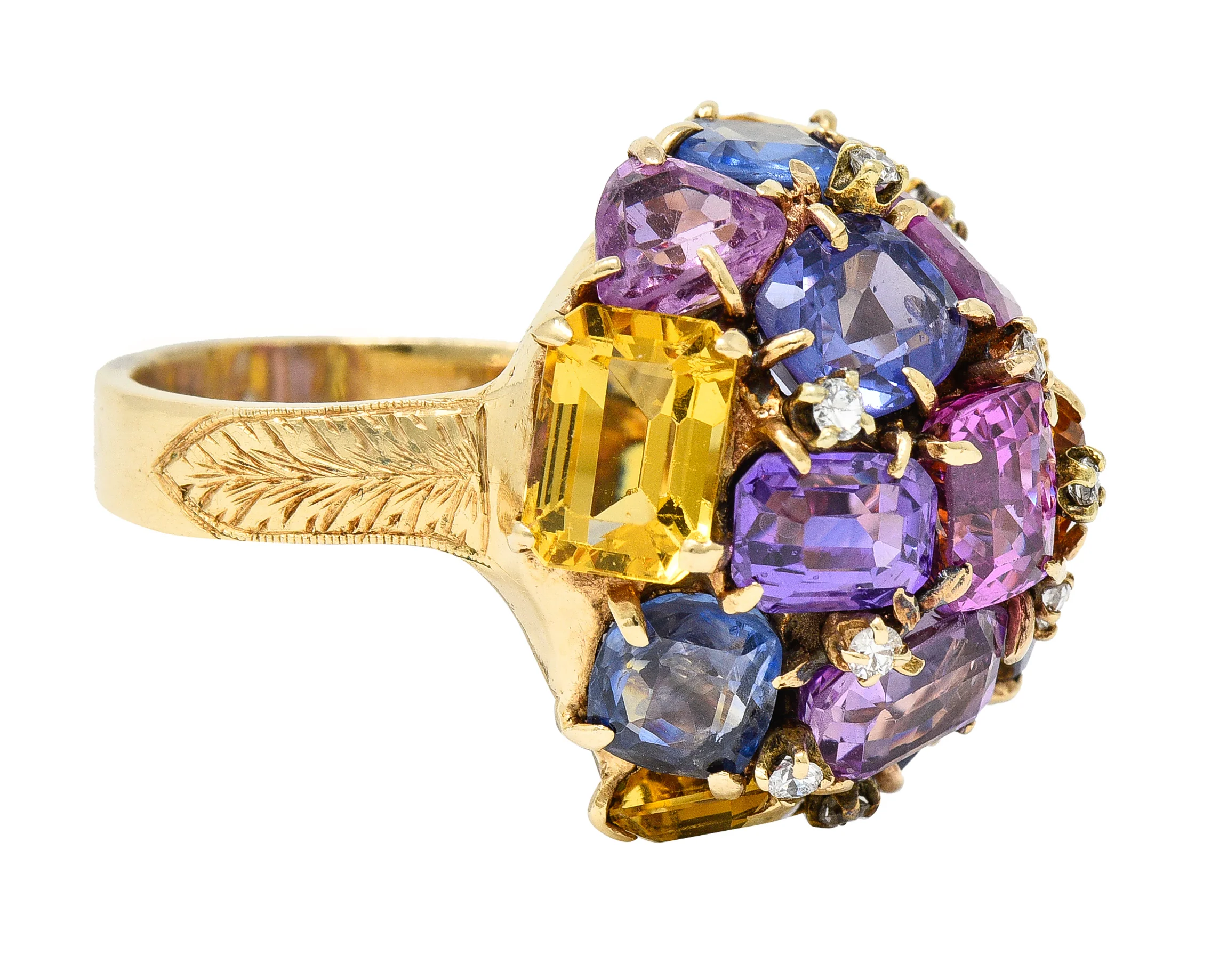 1960s 30.86 CTW Sapphire Heliodor Diamond 14 Karat Yellow Gold Dome Cluster Vintage Ring - Image 3