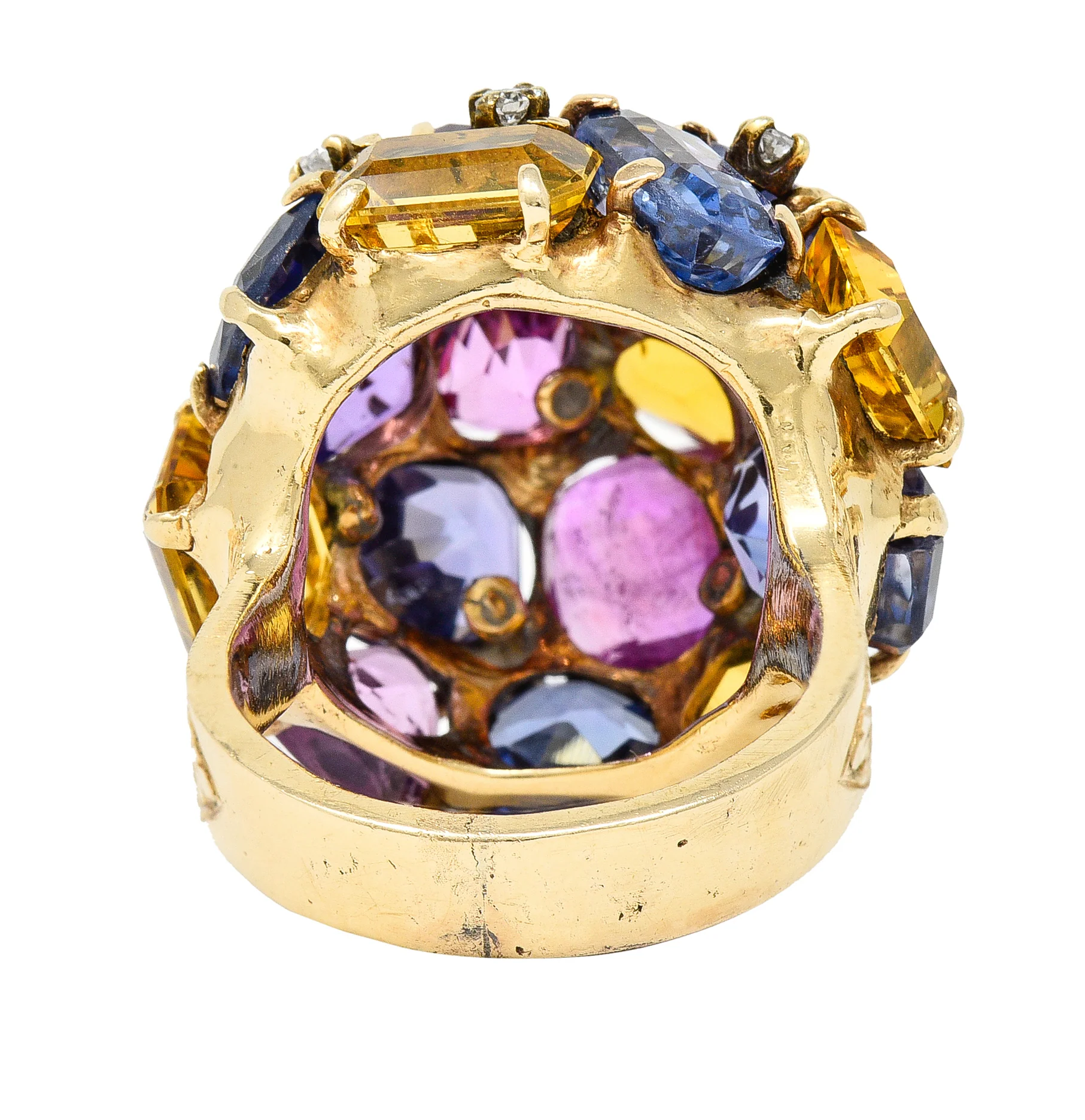 1960s 30.86 CTW Sapphire Heliodor Diamond 14 Karat Yellow Gold Dome Cluster Vintage Ring - Image 4
