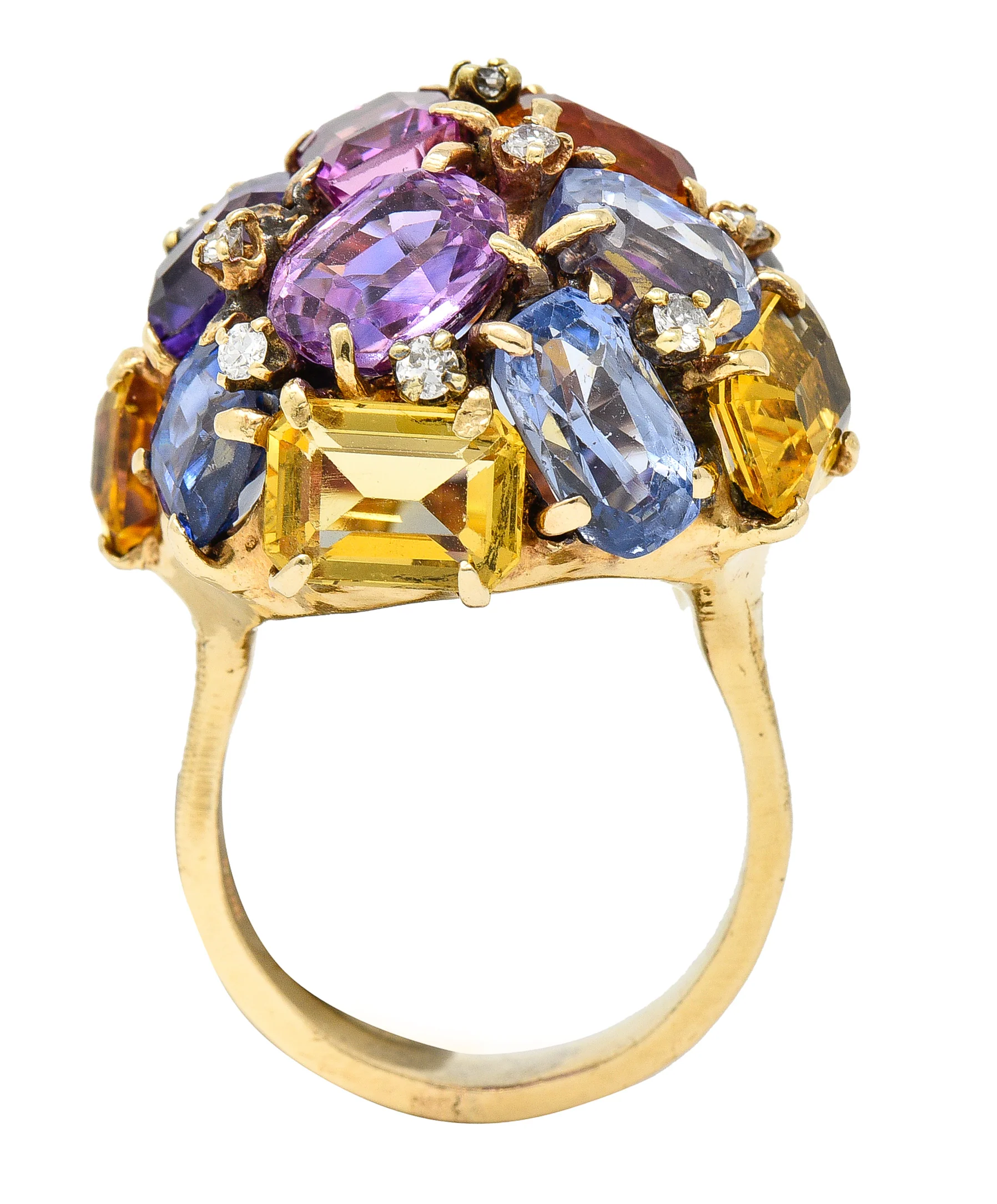 1960s 30.86 CTW Sapphire Heliodor Diamond 14 Karat Yellow Gold Dome Cluster Vintage Ring - Image 9