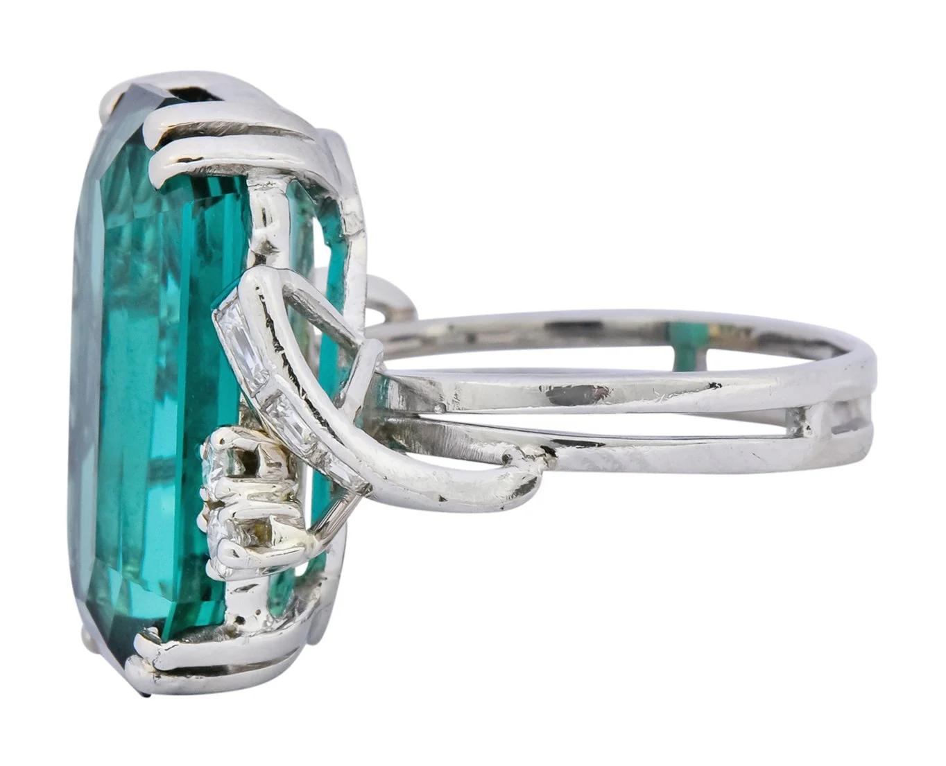 1960's 8.28 CTW Emerald Cut Tourmaline Diamond Platinum Cocktail Ring - Image 5