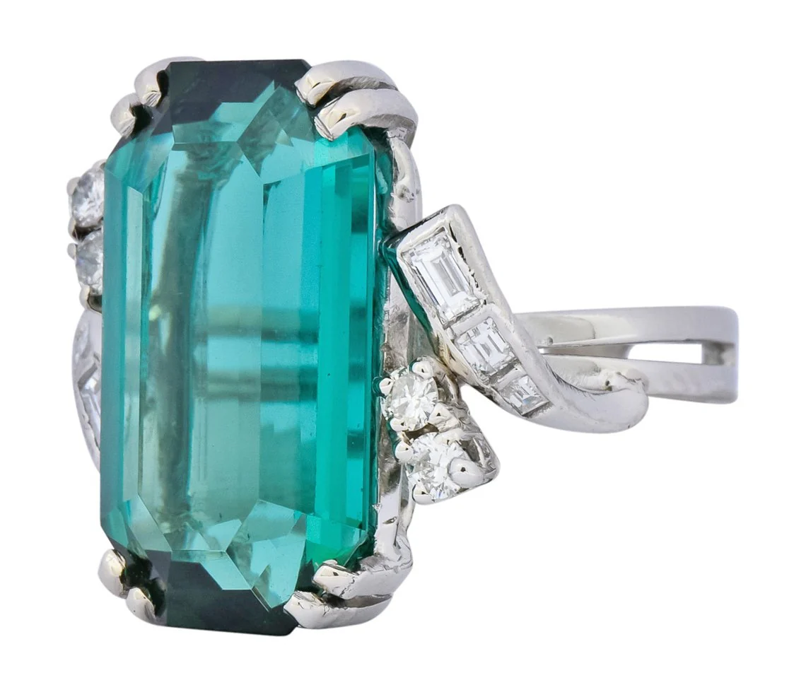 1960's 8.28 CTW Emerald Cut Tourmaline Diamond Platinum Cocktail Ring - Image 6