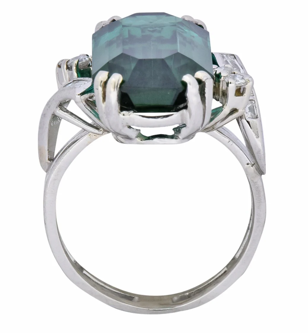 1960's 8.28 CTW Emerald Cut Tourmaline Diamond Platinum Cocktail Ring - Image 7