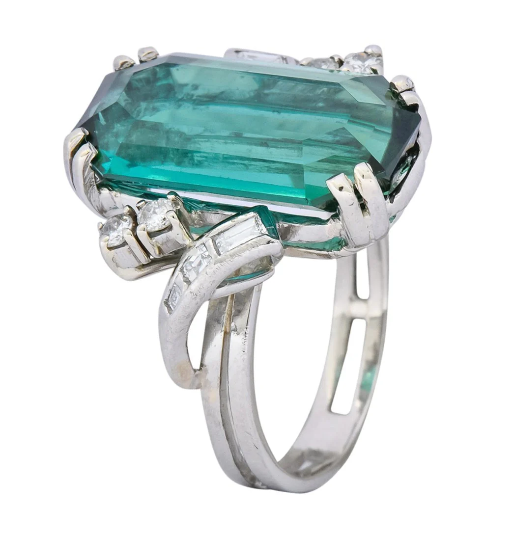 1960's 8.28 CTW Emerald Cut Tourmaline Diamond Platinum Cocktail Ring - Image 8