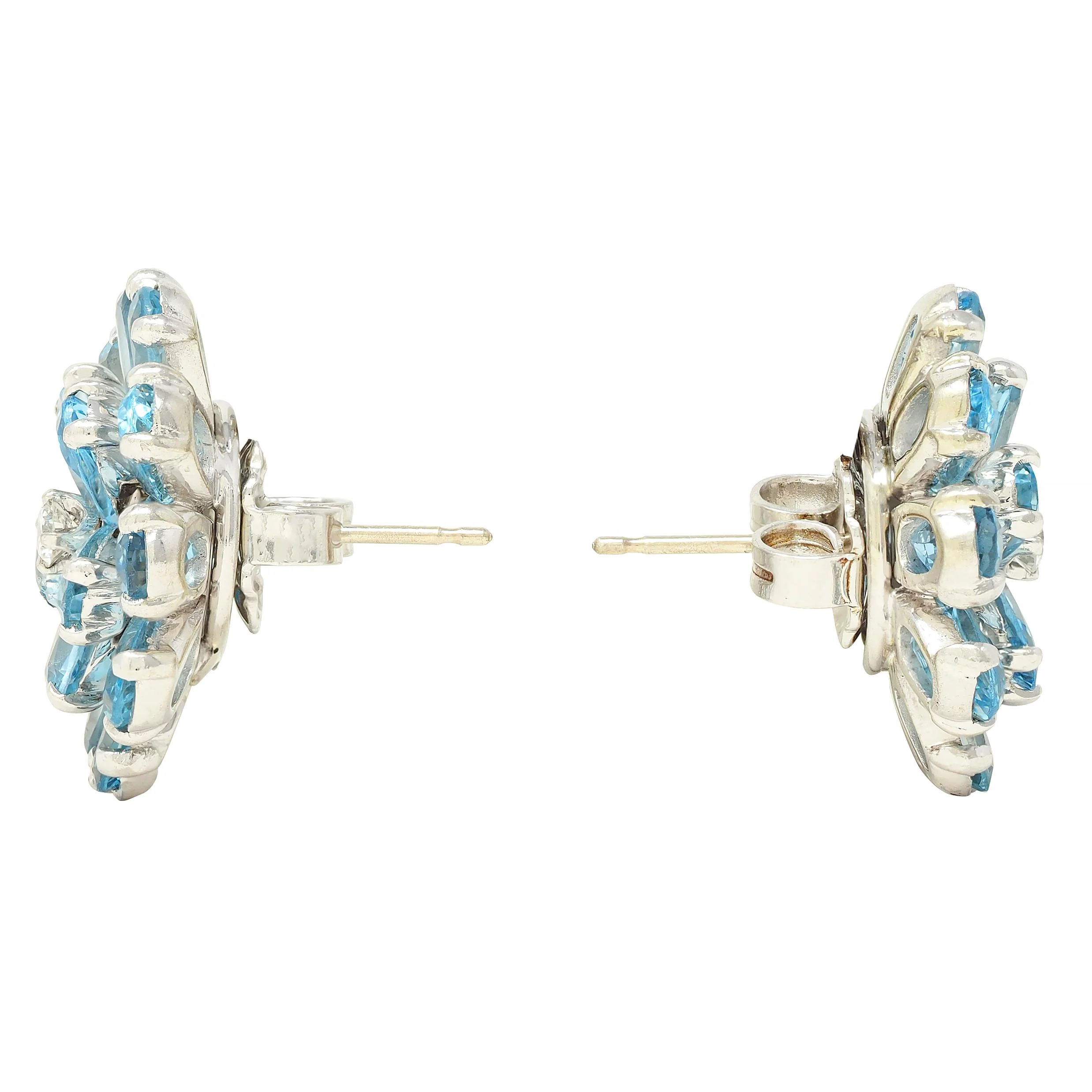 1960's 9.20 CTW Aquamarine Diamond 14 Karat White Gold Vintage Cluster Flower Earrings - Image 3