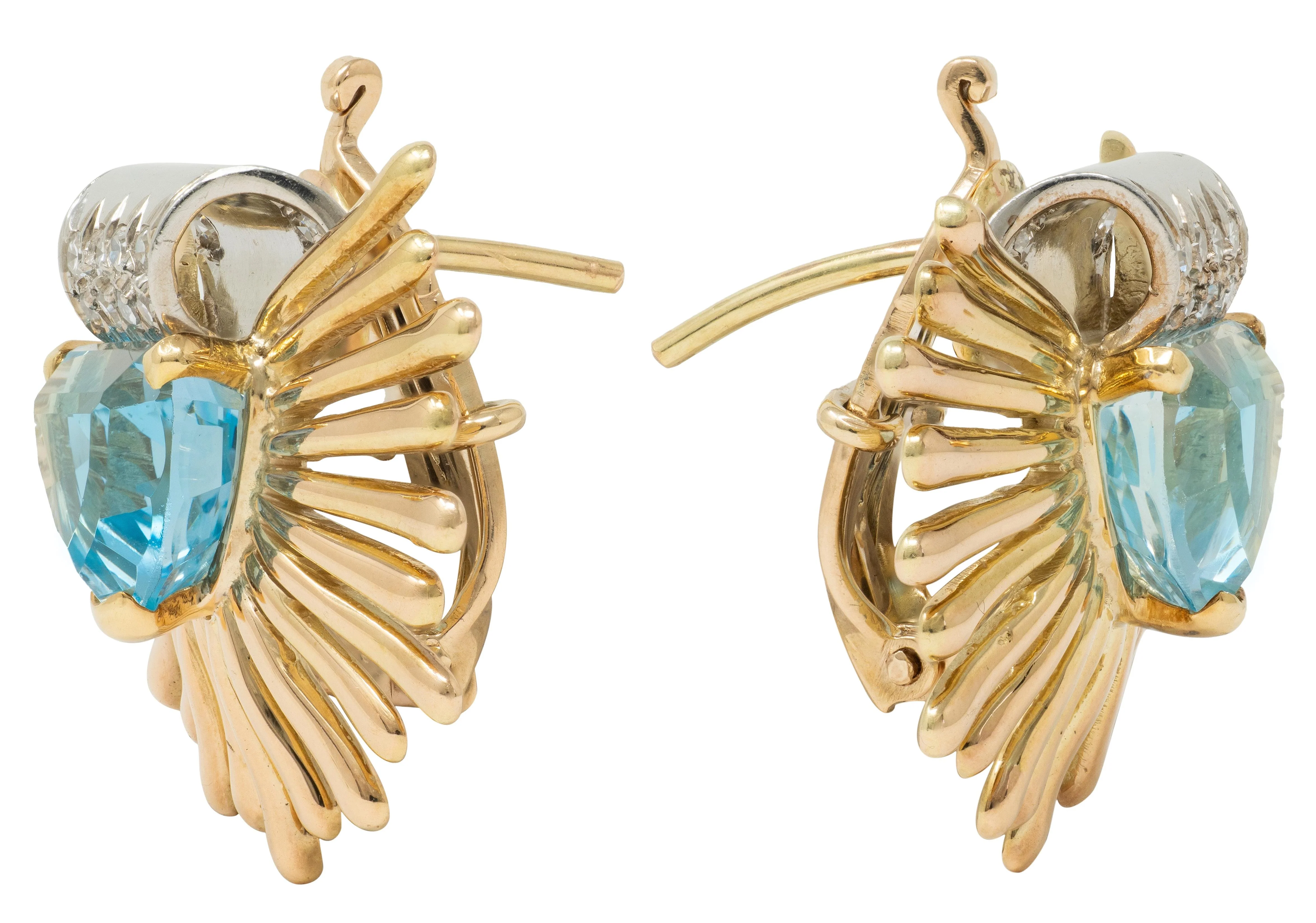 1960's Aquamarine Diamond Platinum 14 Karat Yellow Gold Vintage Fanning Earrings - Image 3
