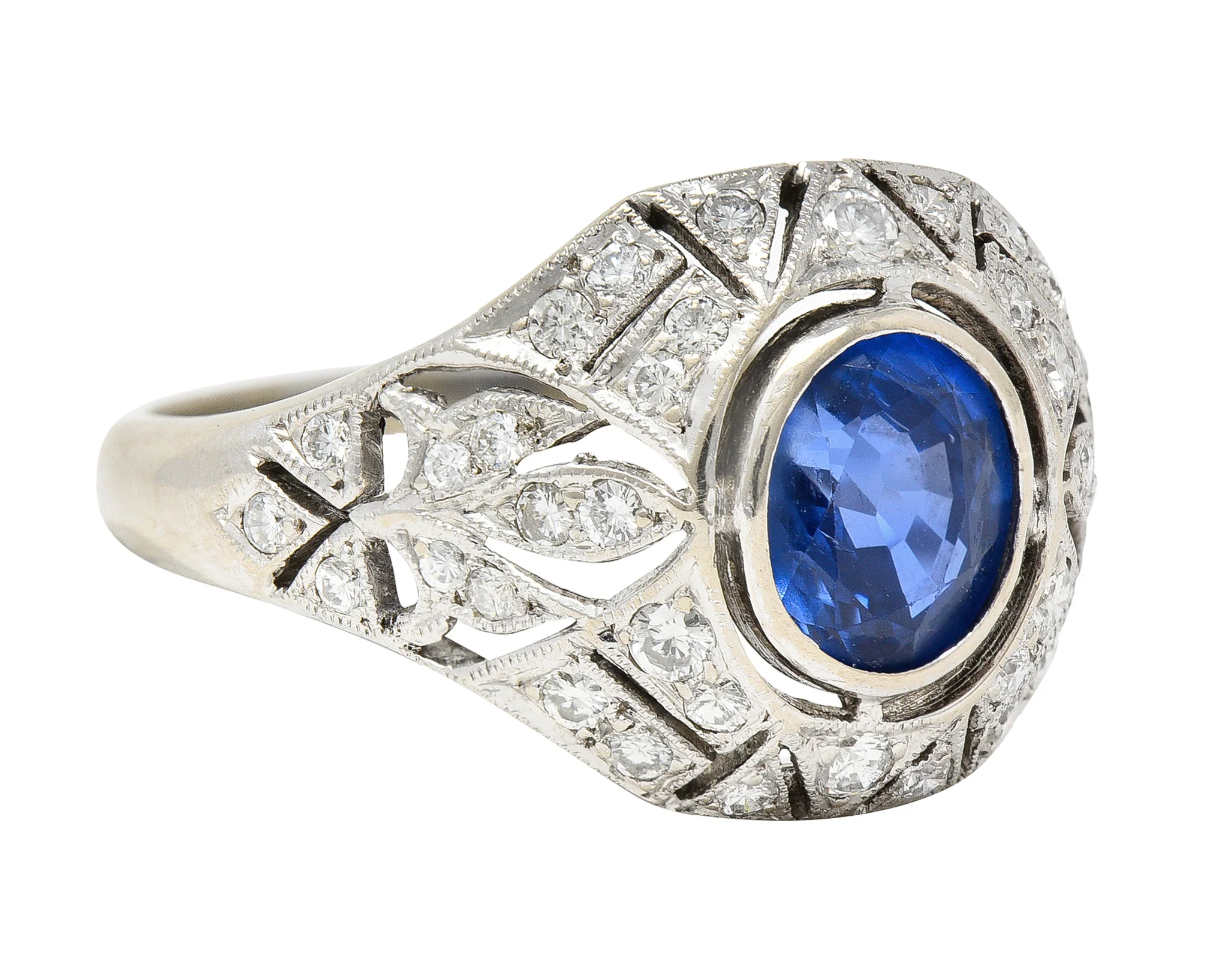 1960's Art Deco Revival 1.72 CTW Oval Cut Sapphire Diamond 14 Karat White Gold Fleur-De-Lis Vintage Bombay Dinner Ring - Image 2