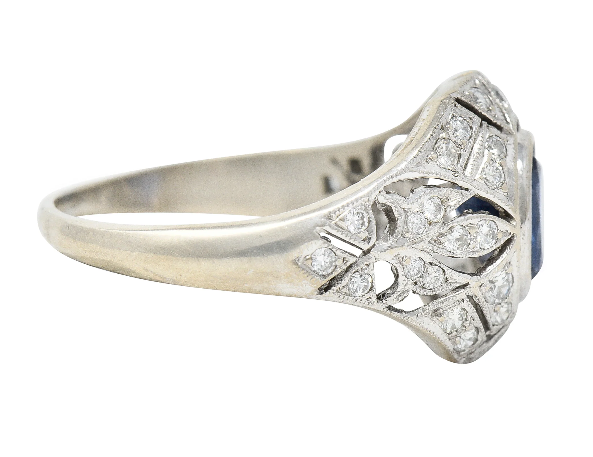1960's Art Deco Revival 1.72 CTW Oval Cut Sapphire Diamond 14 Karat White Gold Fleur-De-Lis Vintage Bombay Dinner Ring - Image 3
