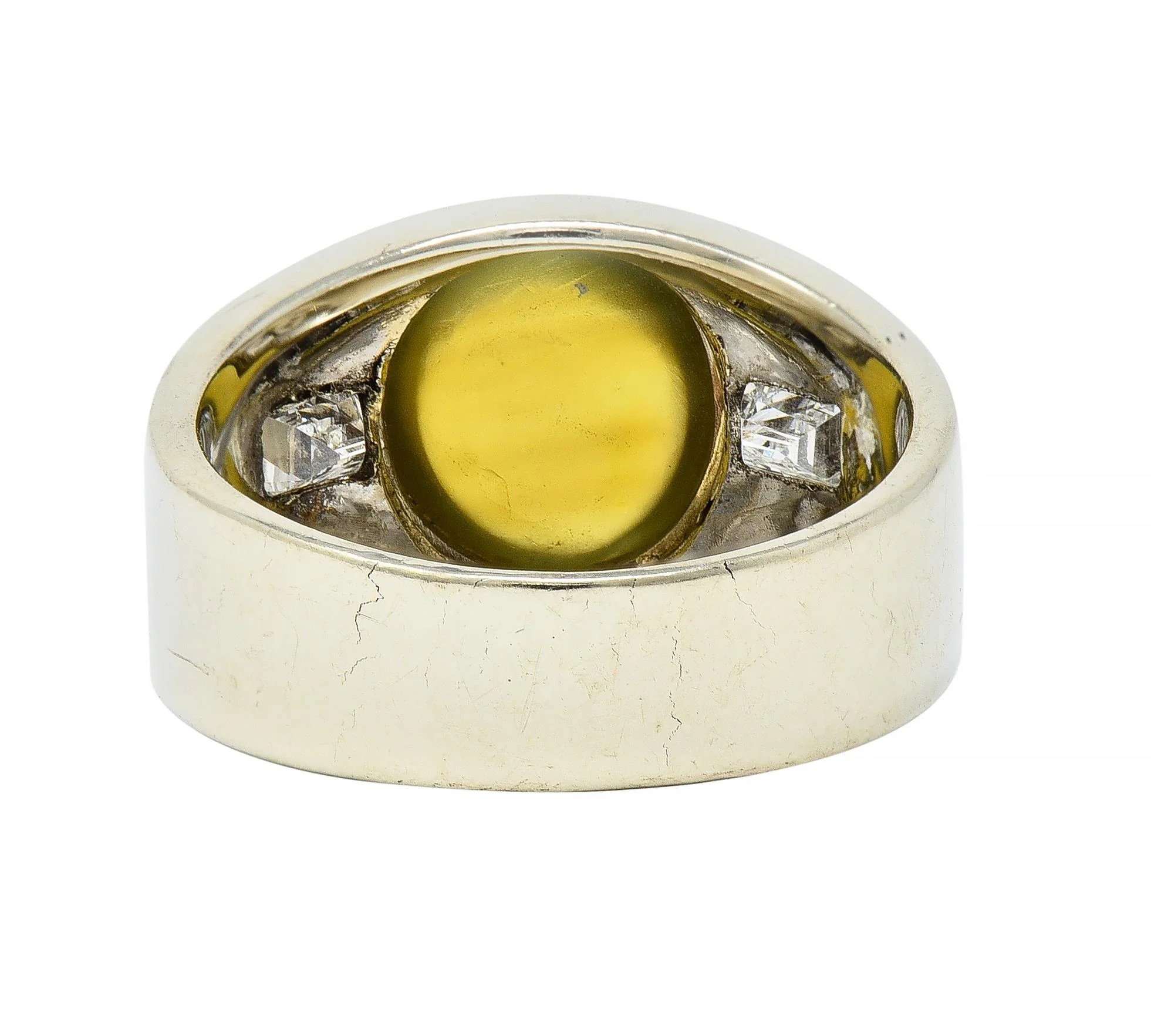 1960's Cat's Eye Chrysoberyl Diamond 14 Karat White Gold Three Stone Ring - Image 6
