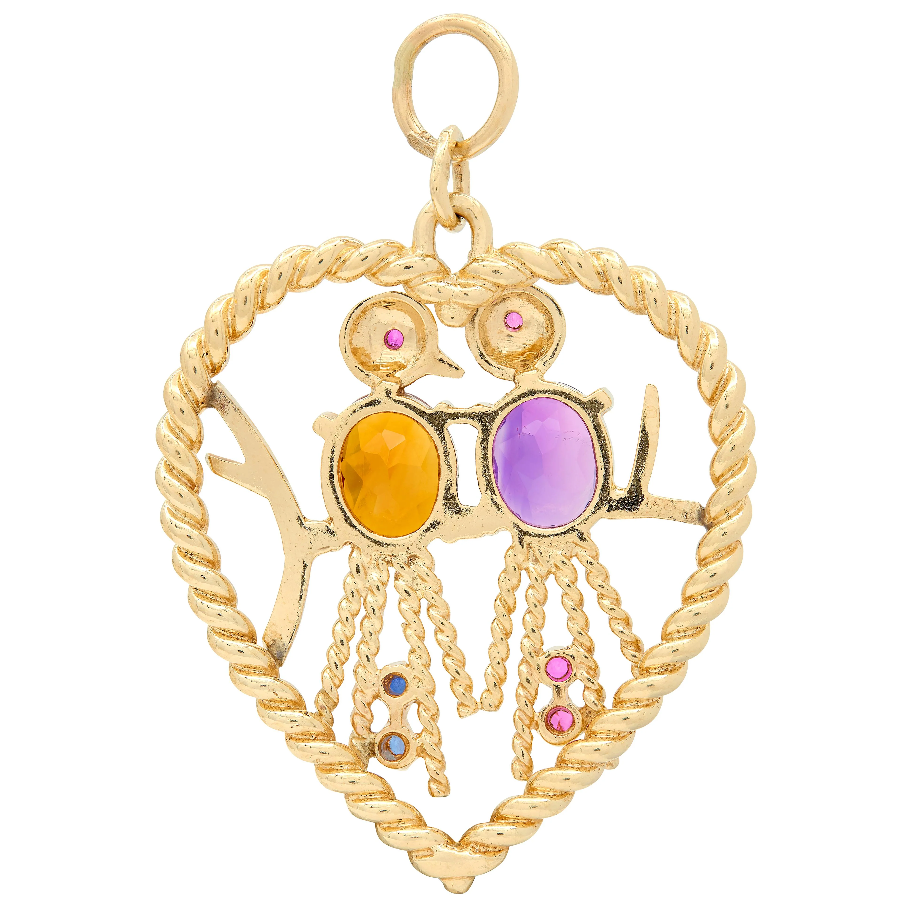 1960's Citrine Amethyst Ruby 14 Karat Yellow Gold Vintage Love Bird Pendant Charm - Image 3