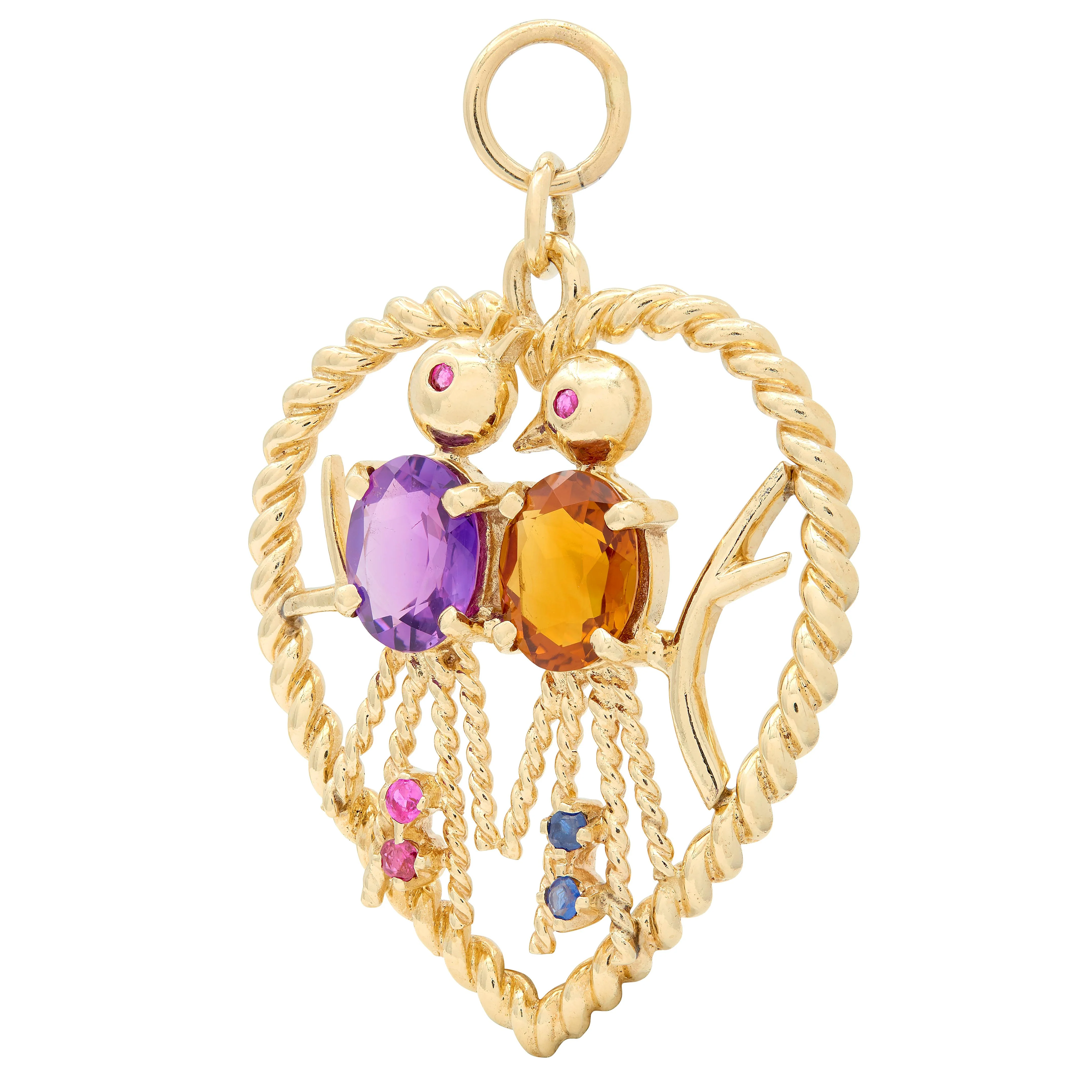 1960's Citrine Amethyst Ruby 14 Karat Yellow Gold Vintage Love Bird Pendant Charm - Image 4