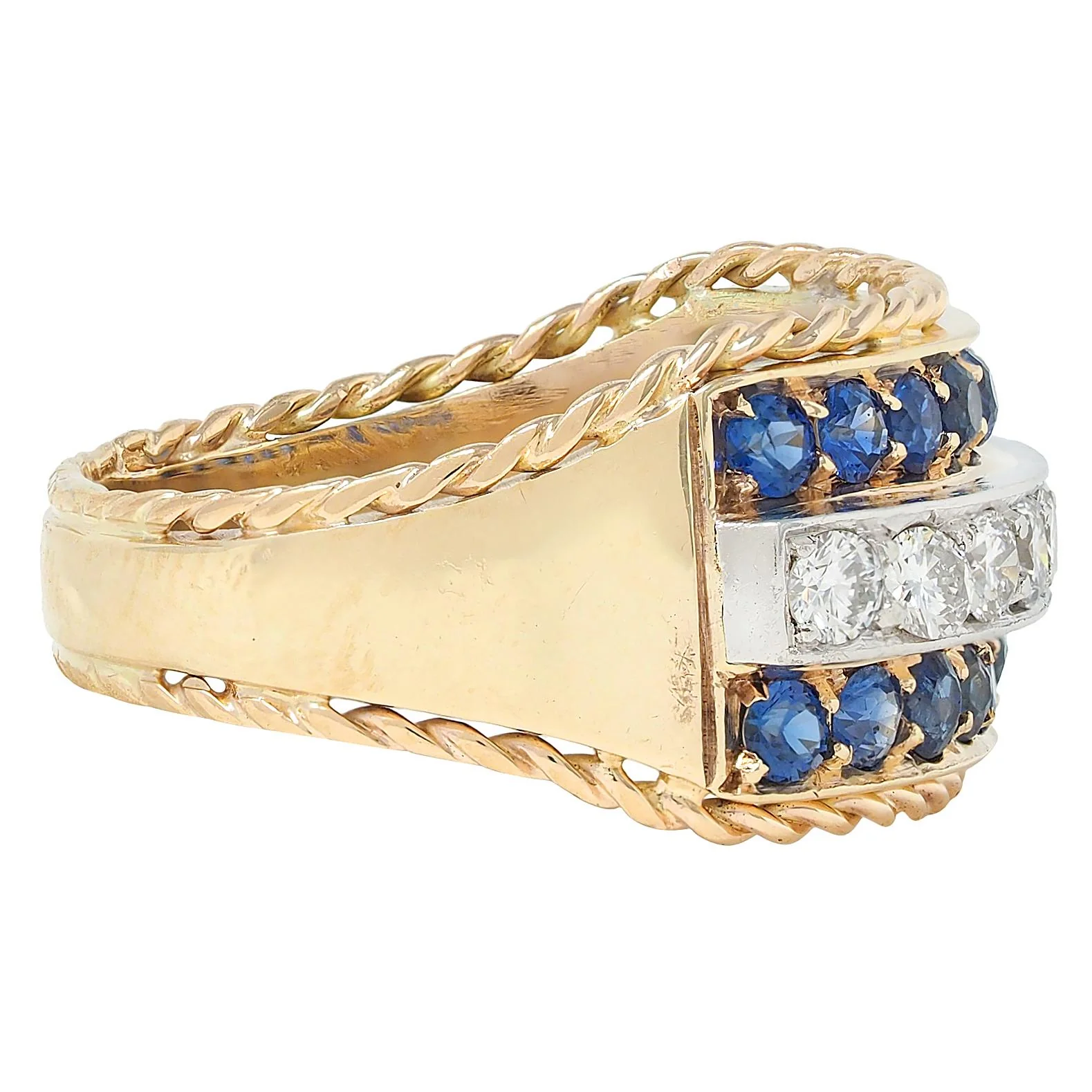 1960's Diamond Sapphire Platinum 14 Karat Yellow Gold Vintage Twisted Rope Wide Band Ring - Image 2