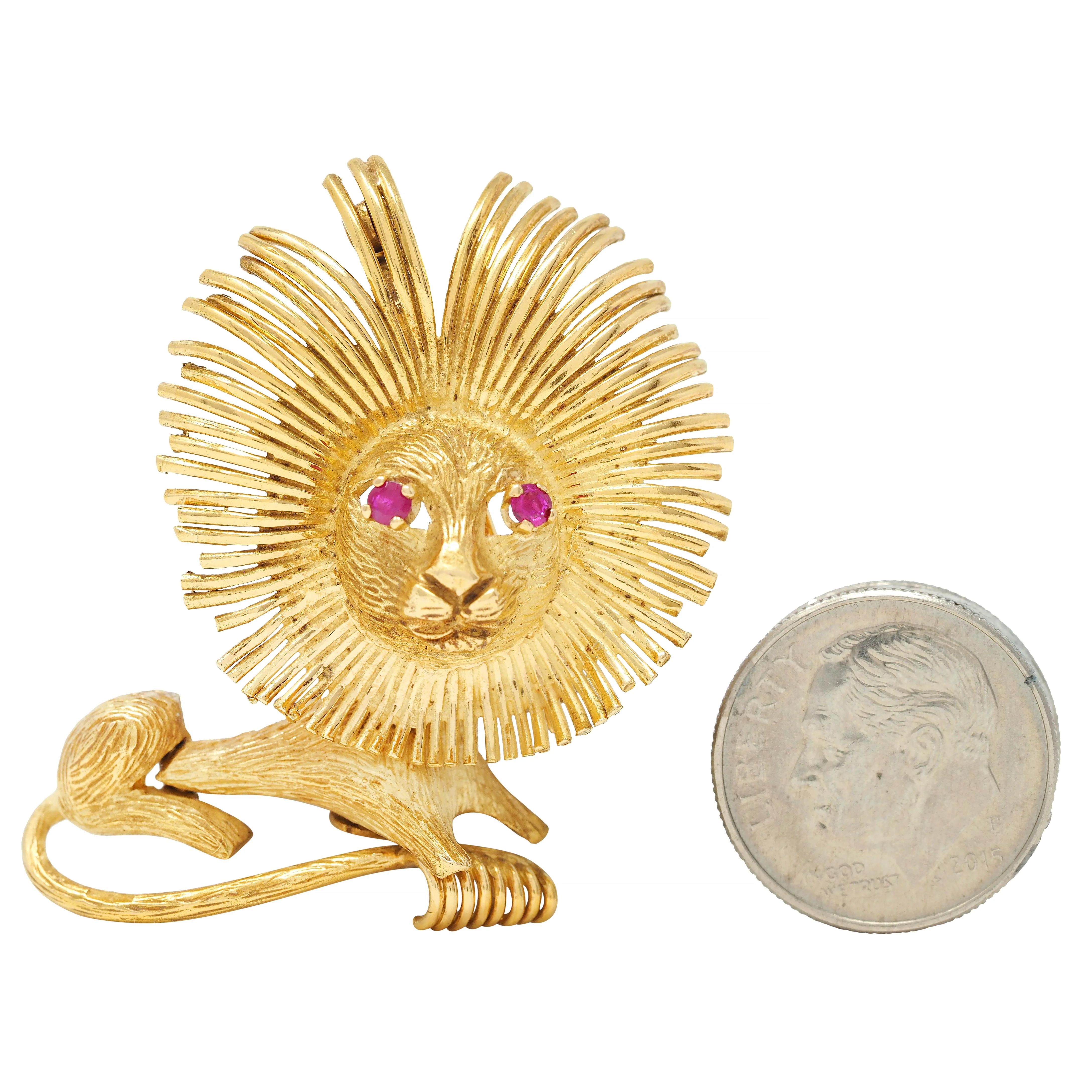 1960's French 18 Karat Yellow Gold Ruby Vintage Lion Brooch - Image 11