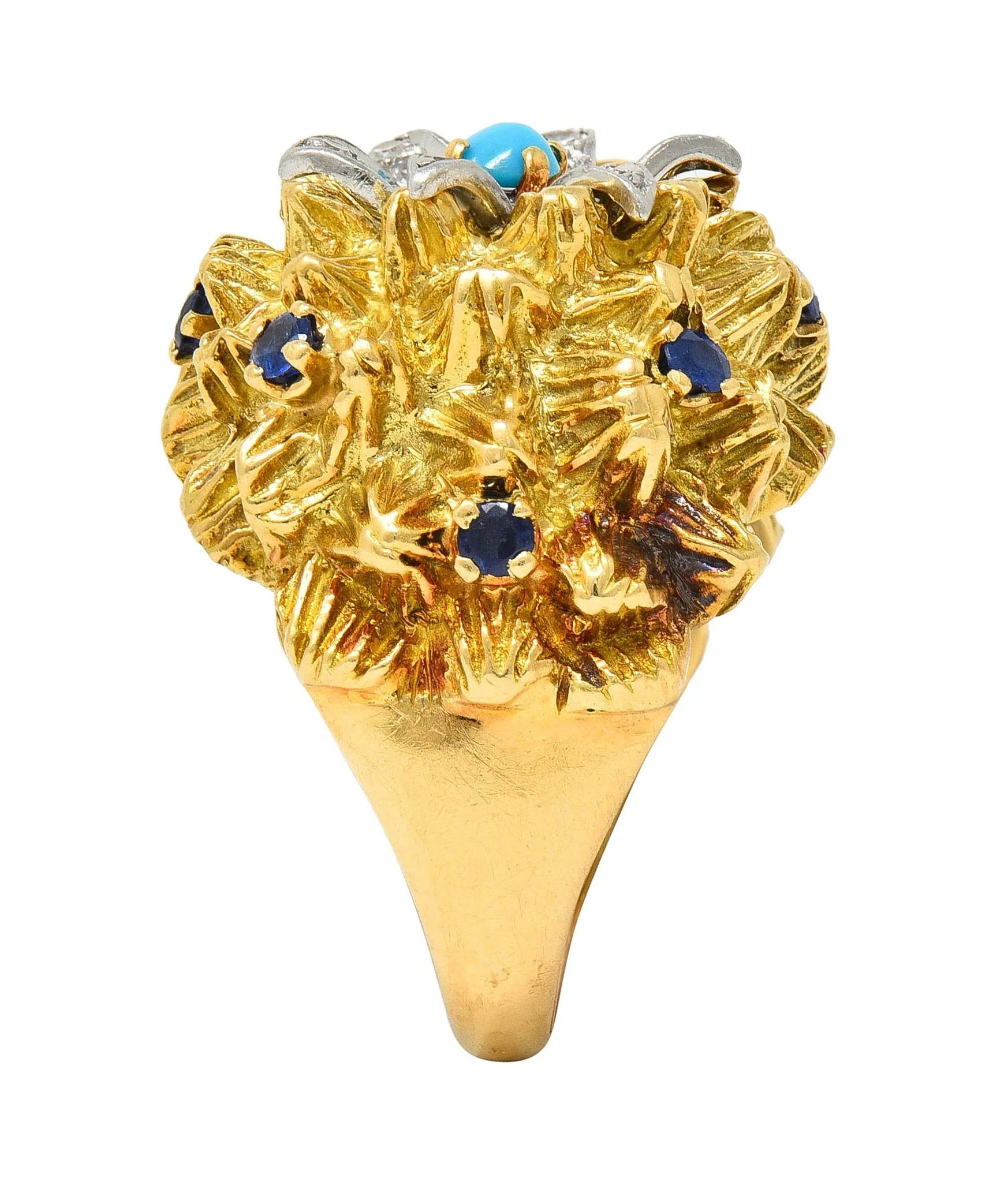 1960's French Sapphire Diamond Turquoise Platinum 18 Karat Yellow Gold Cactus Flower Ring - Image 12