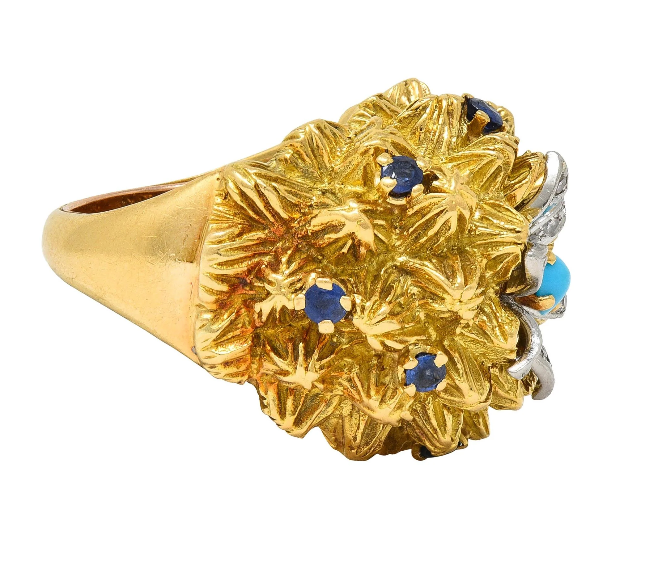 1960's French Sapphire Diamond Turquoise Platinum 18 Karat Yellow Gold Cactus Flower Ring - Image 5