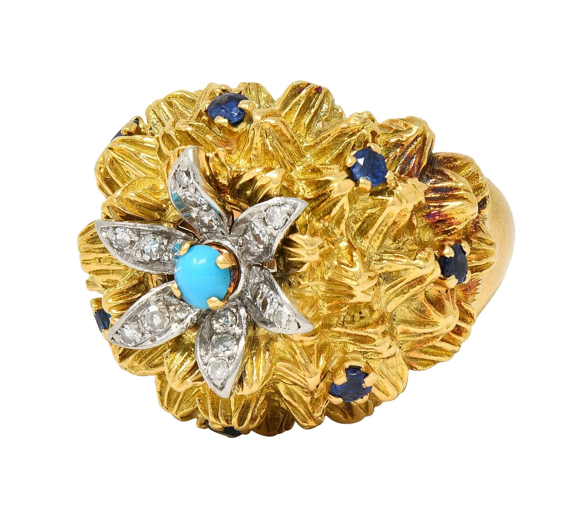 1960's French Sapphire Diamond Turquoise Platinum 18 Karat Yellow Gold Cactus Flower Ring - Image 8