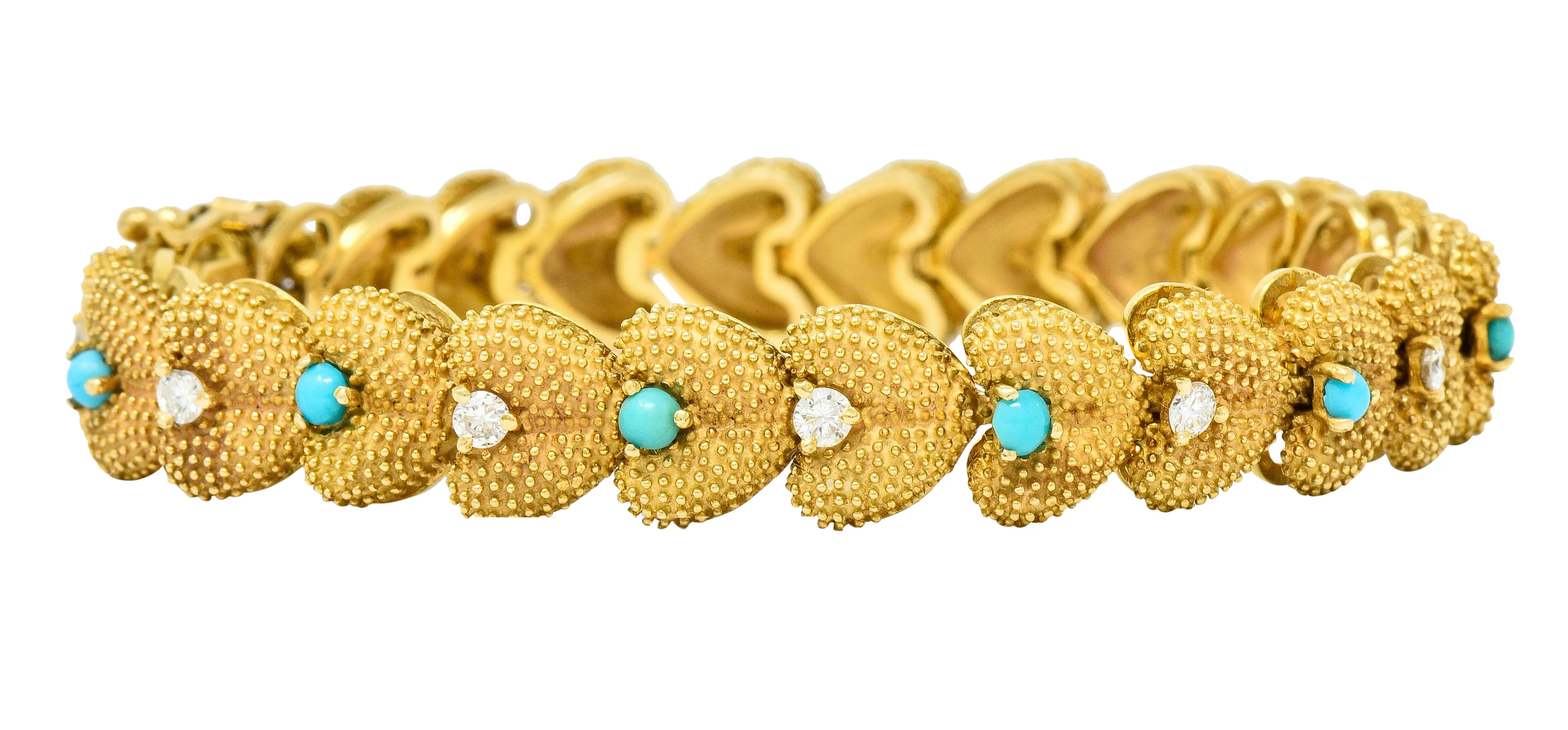 1960's House of La Triomphe Diamond Turquoise 14 Karat Gold Heart Link Bracelet - Image 11