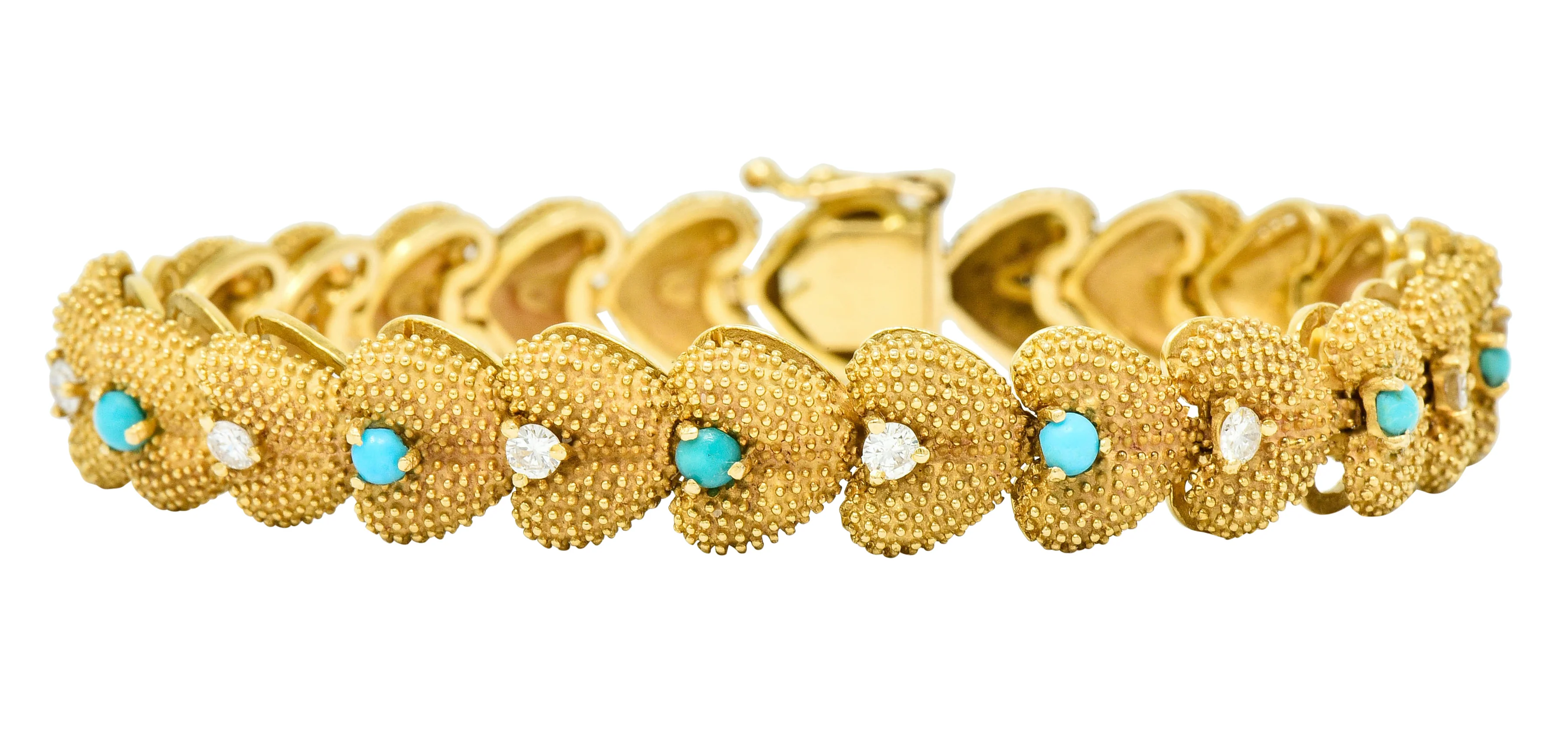 1960's House of La Triomphe Diamond Turquoise 14 Karat Gold Heart Link Bracelet - Image 3