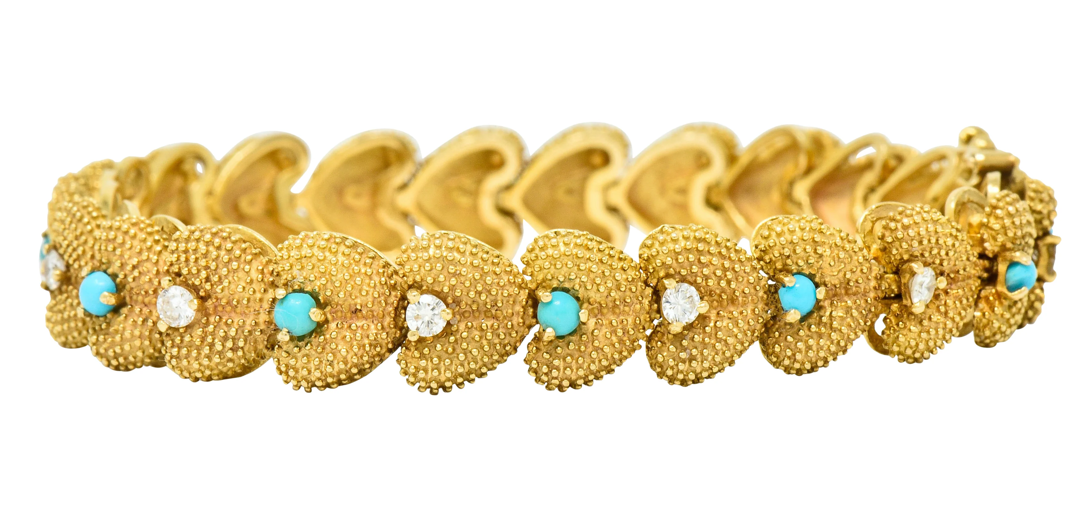 1960's House of La Triomphe Diamond Turquoise 14 Karat Gold Heart Link Bracelet - Image 8