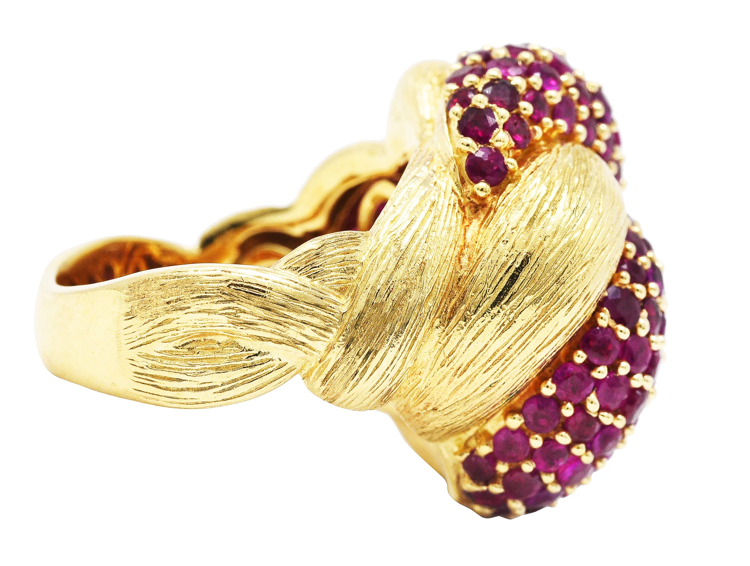 1960's Modern 5.00 CTW Pave Ruby 14 Karat Yellow Gold Twisted Knot Ring - Image 3