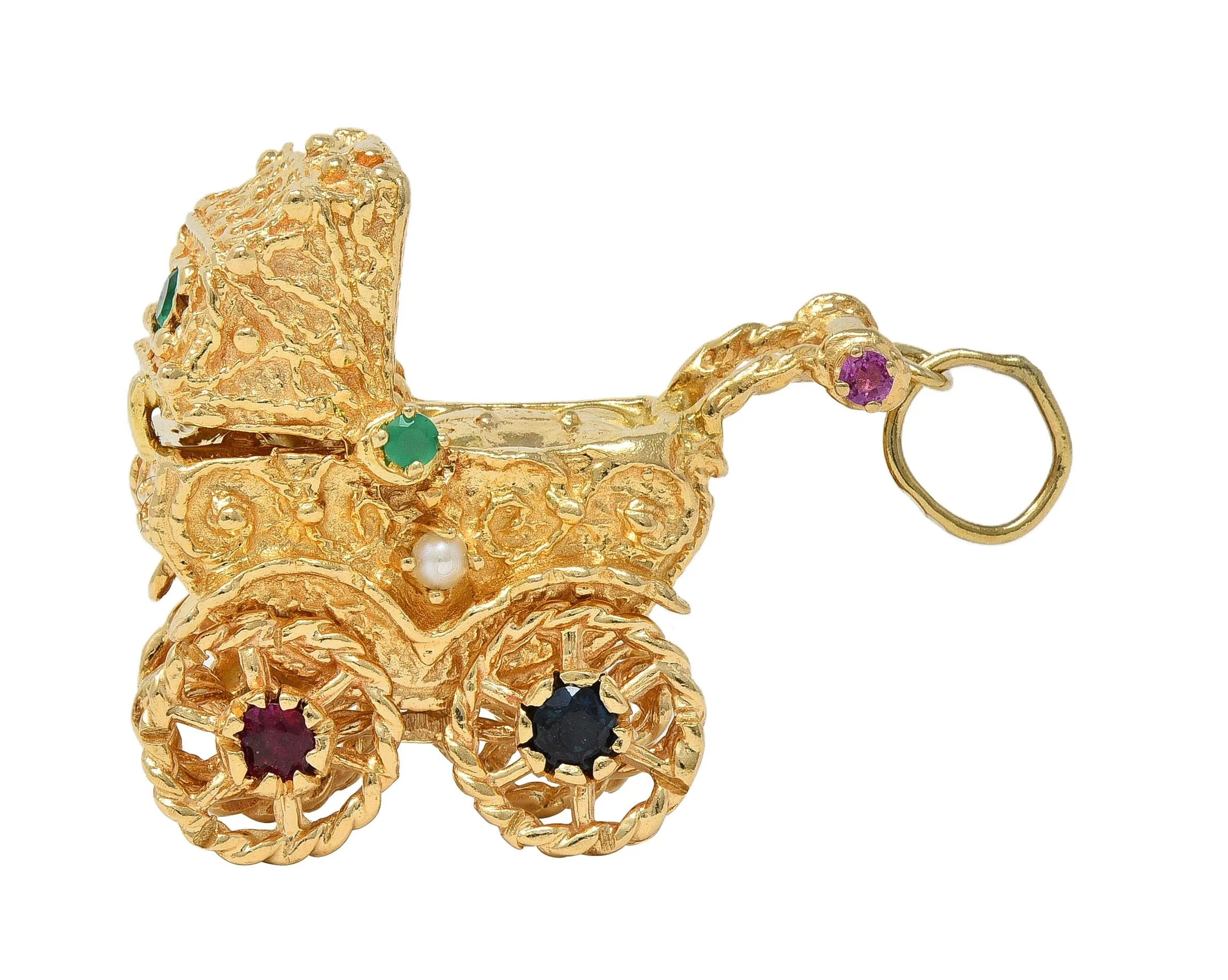 1960's Multi-Gem 14 Karat Yellow Gold Vintage Baby Carriage Charm - Image 2