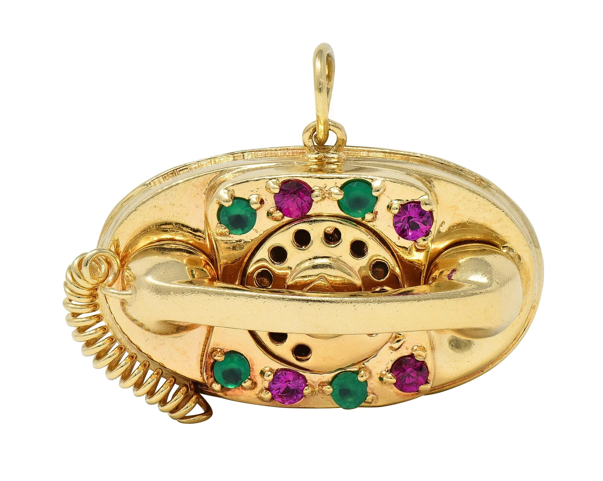1960's Multi-Gem 14 Karat Yellow Gold Vintage Rotary Phone Pendant Charm - Image 2