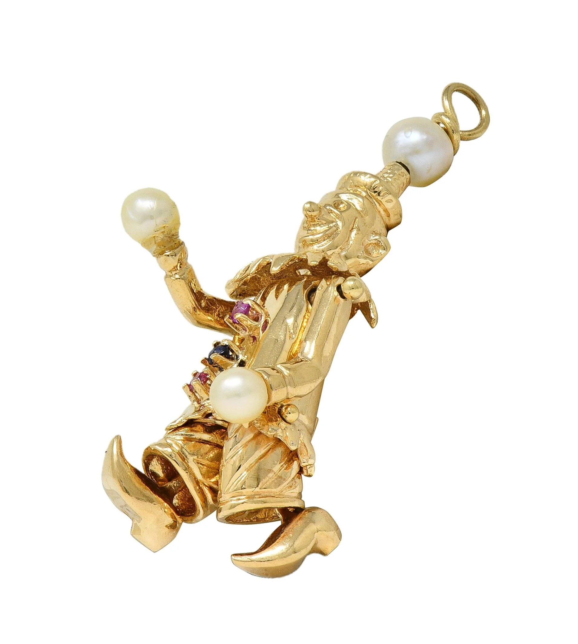 1960's Multi-Gem Pearl 14 Karat Yellow Gold Vintage Articulating Clown Pendant Charm - Image 4