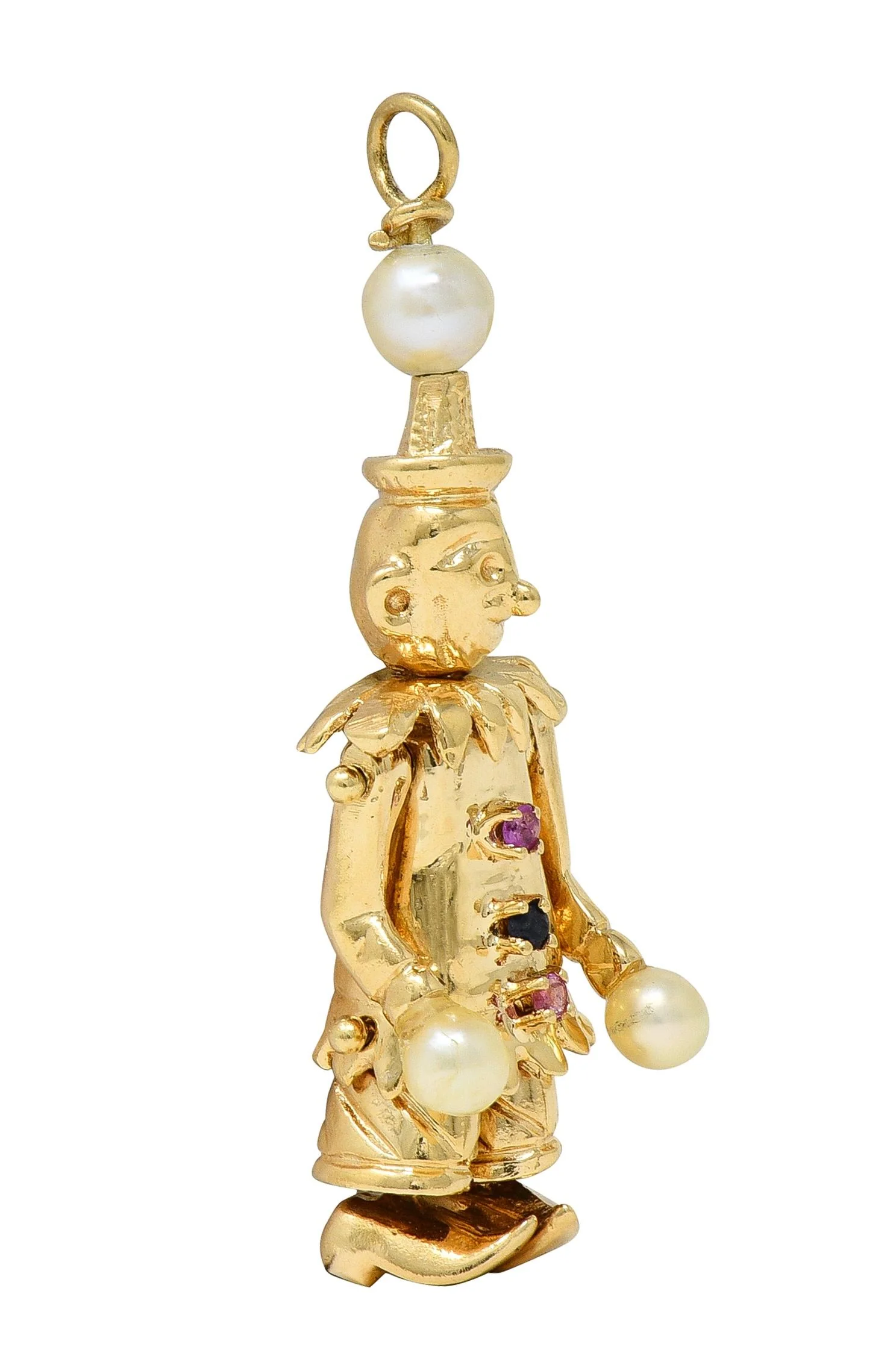 1960's Multi-Gem Pearl 14 Karat Yellow Gold Vintage Articulating Clown Pendant Charm - Image 7