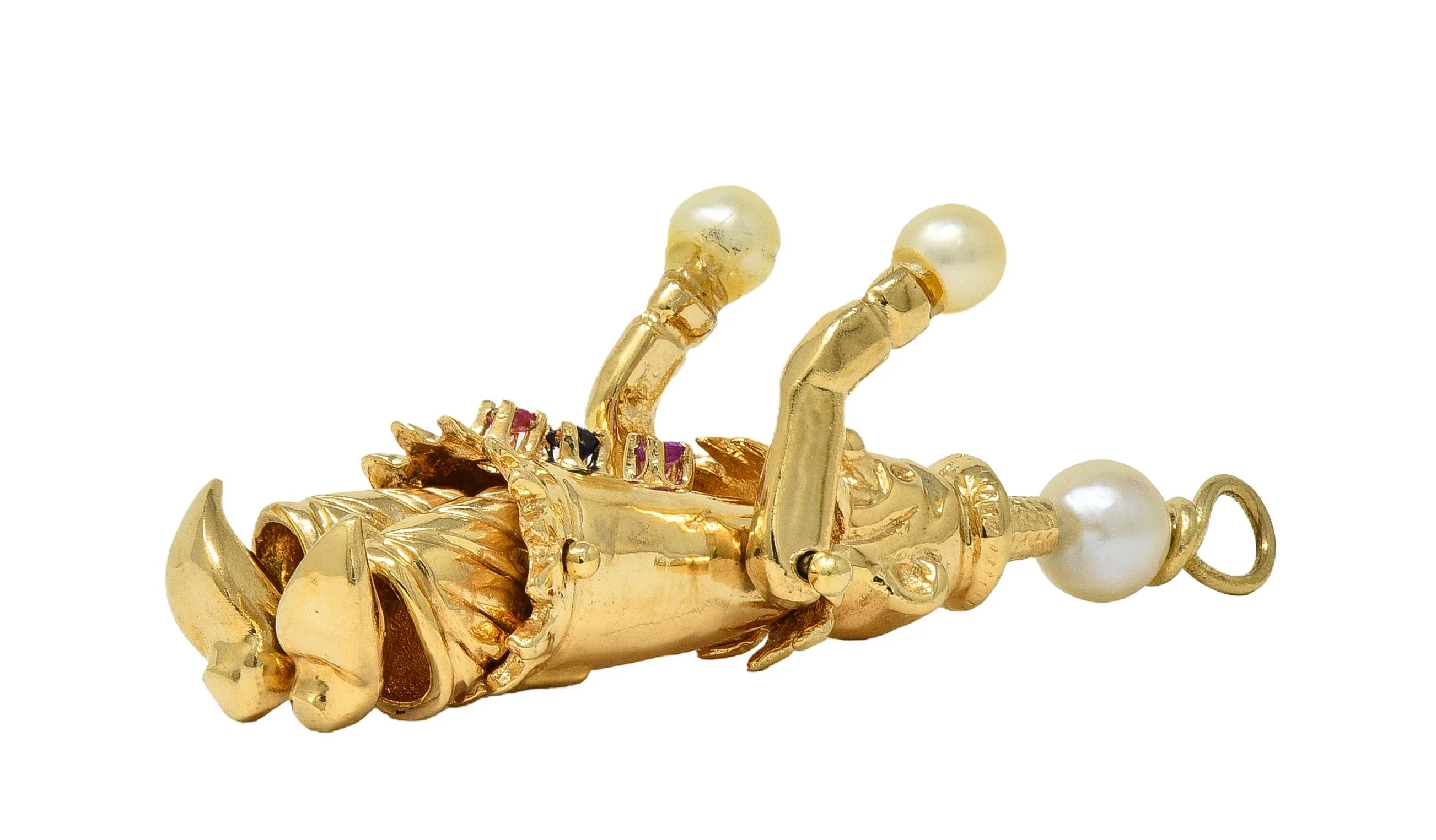 1960's Multi-Gem Pearl 14 Karat Yellow Gold Vintage Articulating Clown Pendant Charm - Image 9