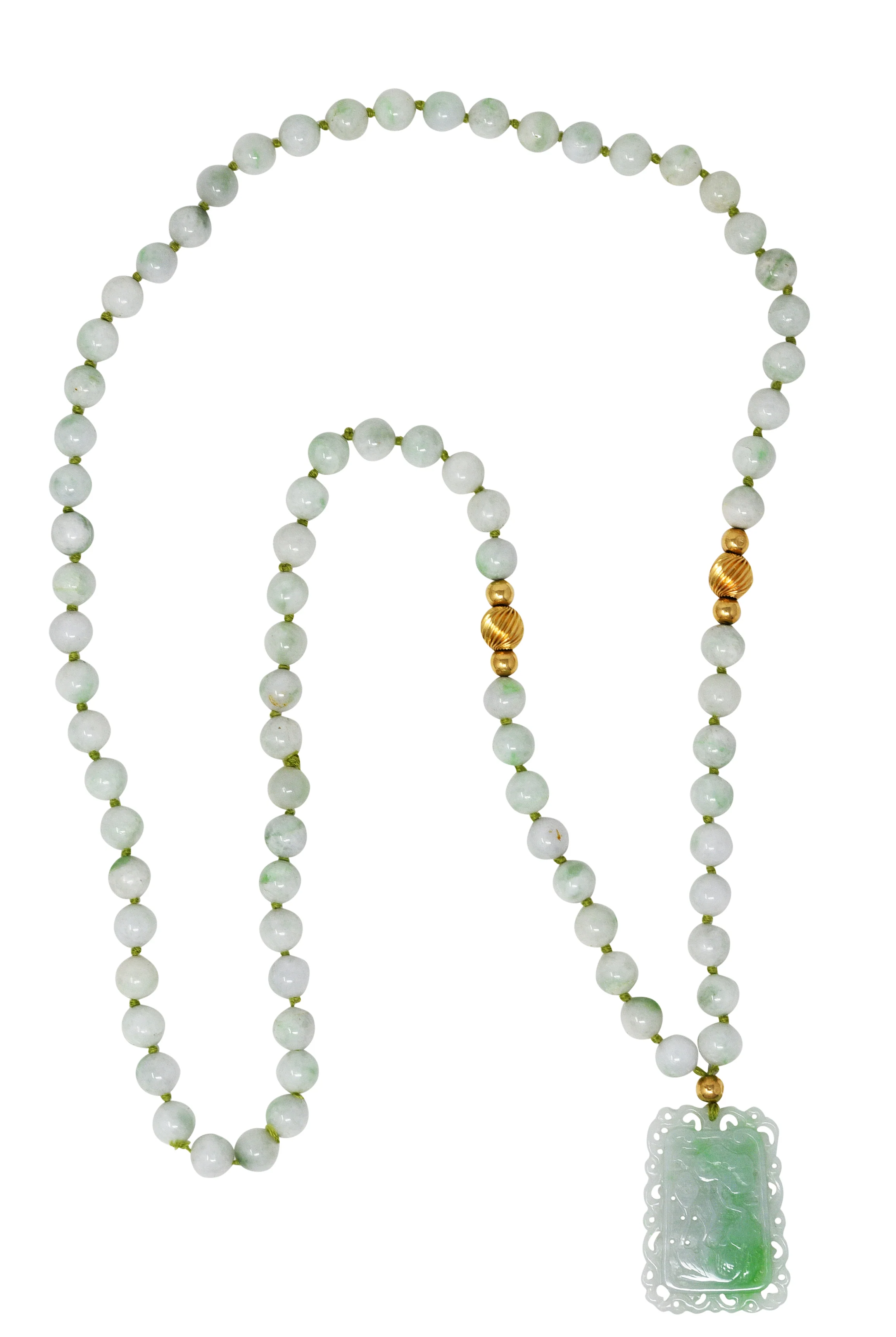 1960's Natural Jadeite Jade 14 Karat Yellow Gold Beaded Strand Carved Vintage Pendant Necklace GIA - Image 2