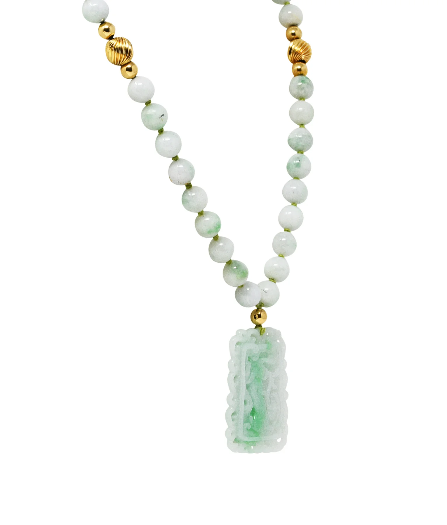 1960's Natural Jadeite Jade 14 Karat Yellow Gold Beaded Strand Carved Vintage Pendant Necklace GIA - Image 3