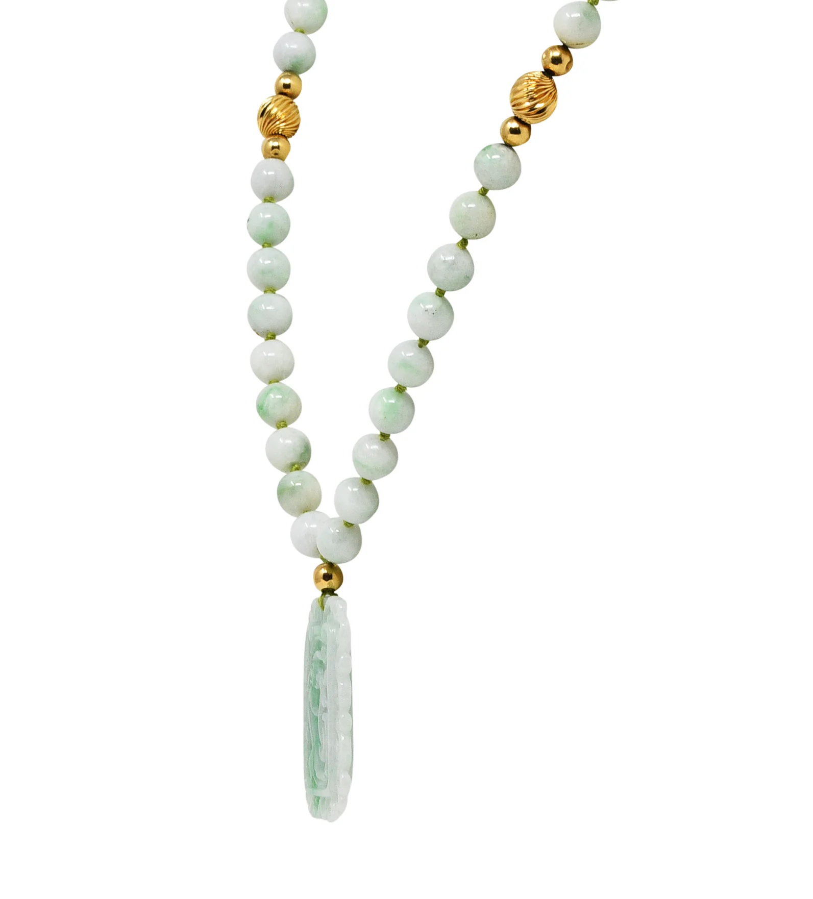 1960's Natural Jadeite Jade 14 Karat Yellow Gold Beaded Strand Carved Vintage Pendant Necklace GIA - Image 4