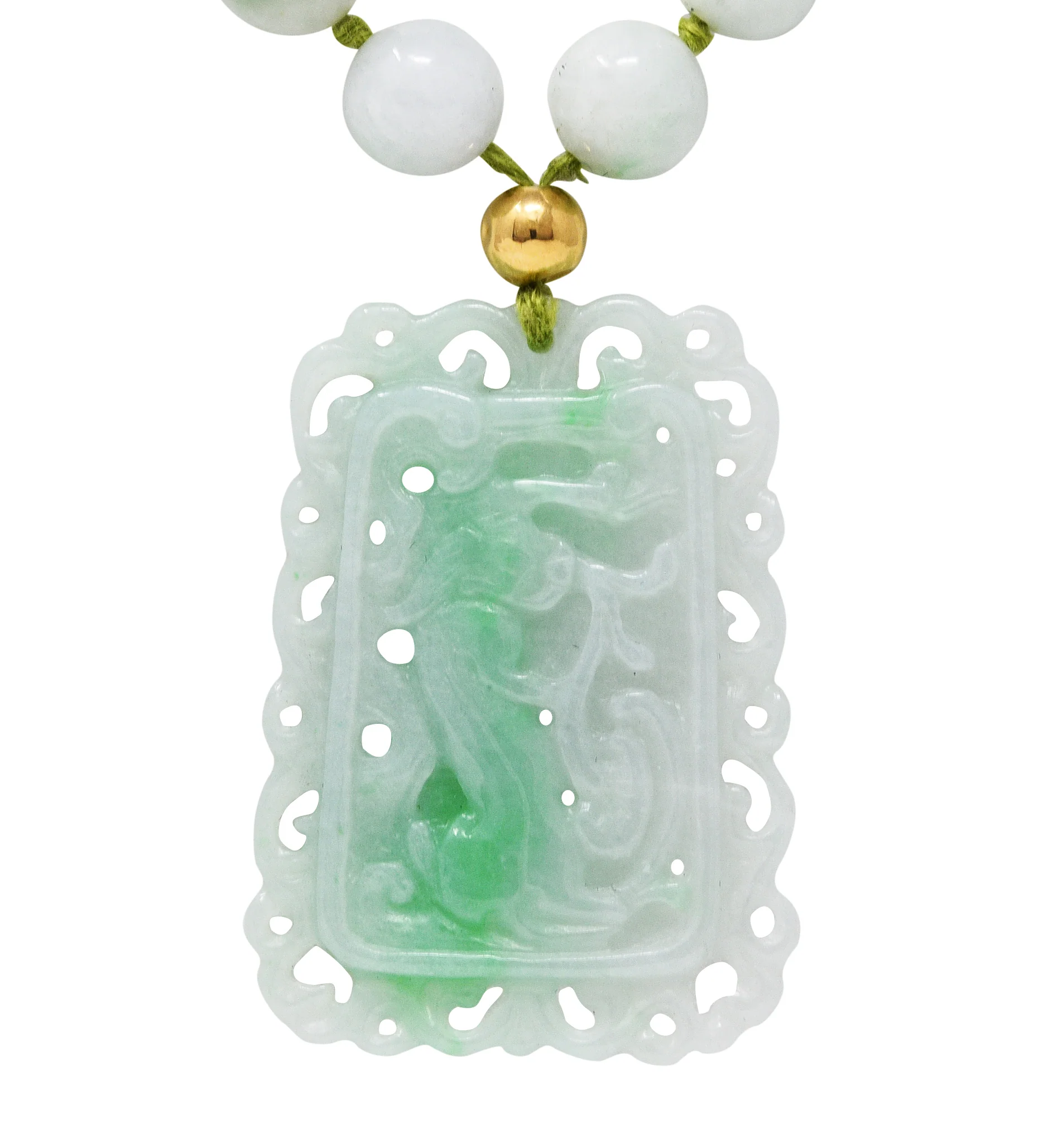1960's Natural Jadeite Jade 14 Karat Yellow Gold Beaded Strand Carved Vintage Pendant Necklace GIA - Image 8