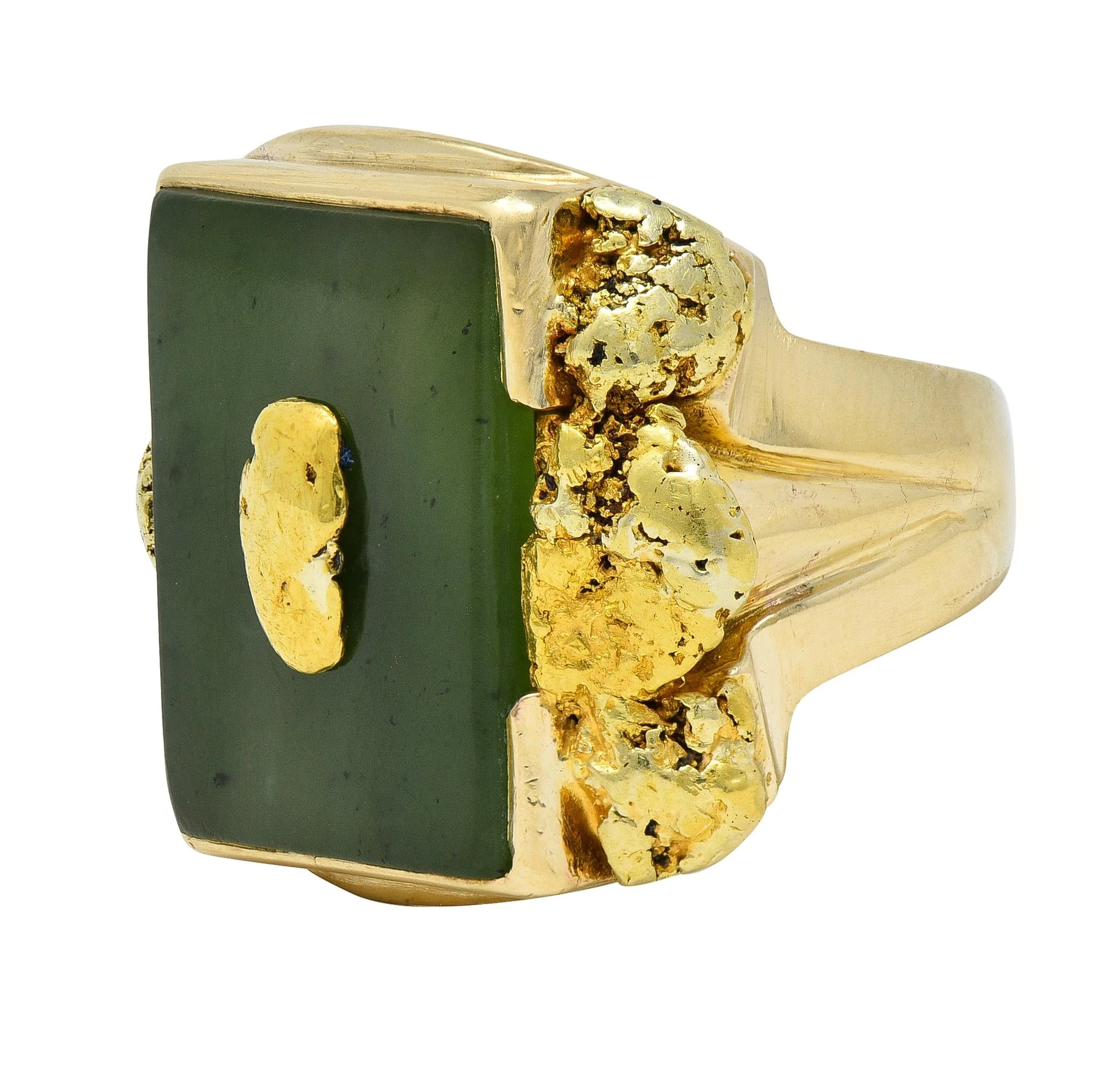 1960's Nephrite Jade 10 Karat Yellow Gold Vintage Nugget Signet Ring - Image 4