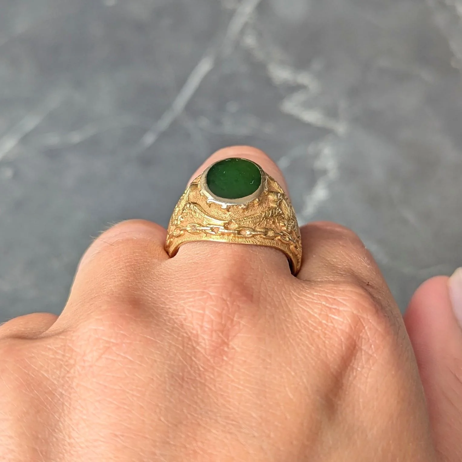 1960's Nephrite Jade 14 Karat Yellow Gold Vintage U.S. Navy Signet Ring - Image 10