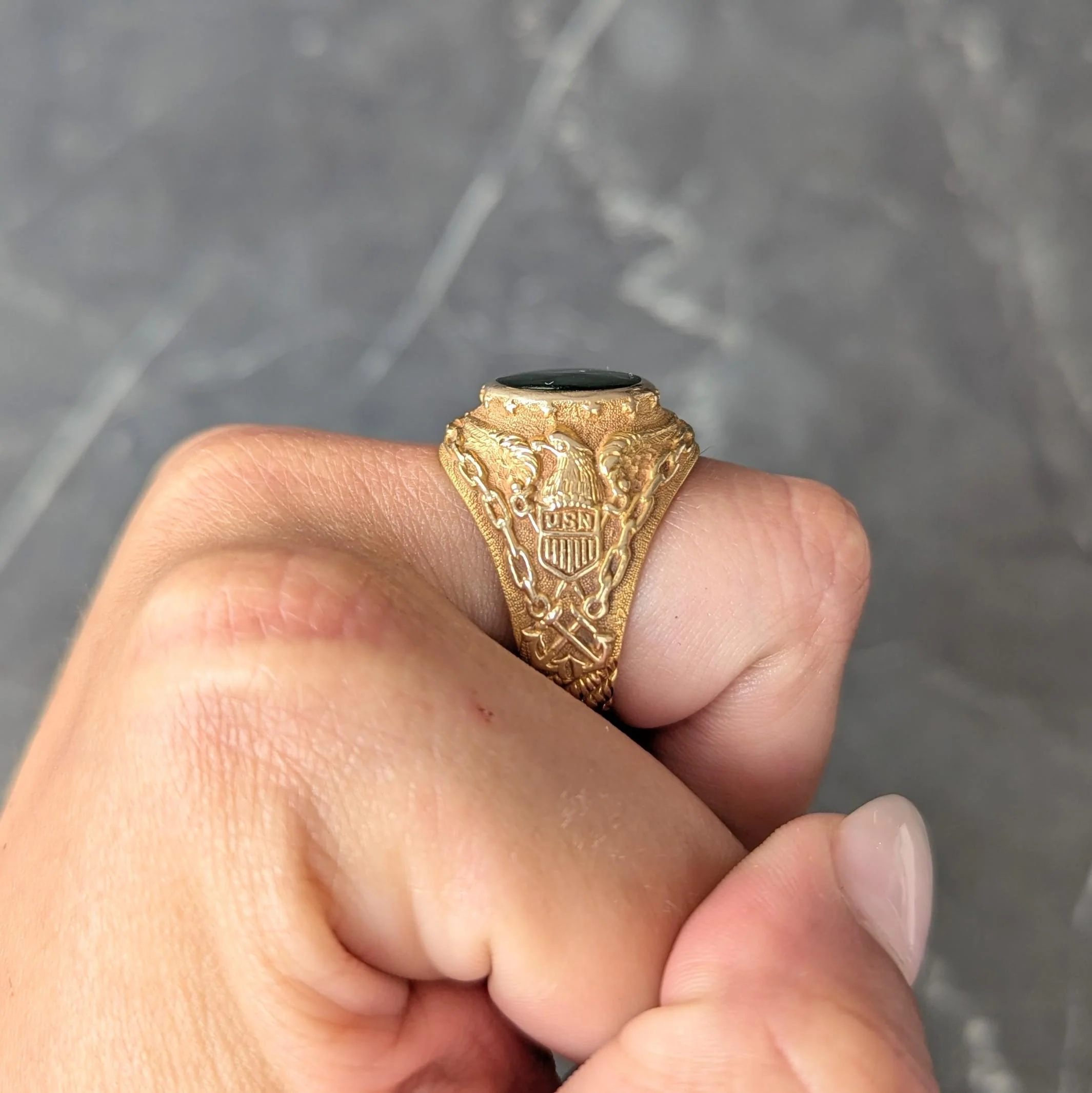 1960's Nephrite Jade 14 Karat Yellow Gold Vintage U.S. Navy Signet Ring - Image 11