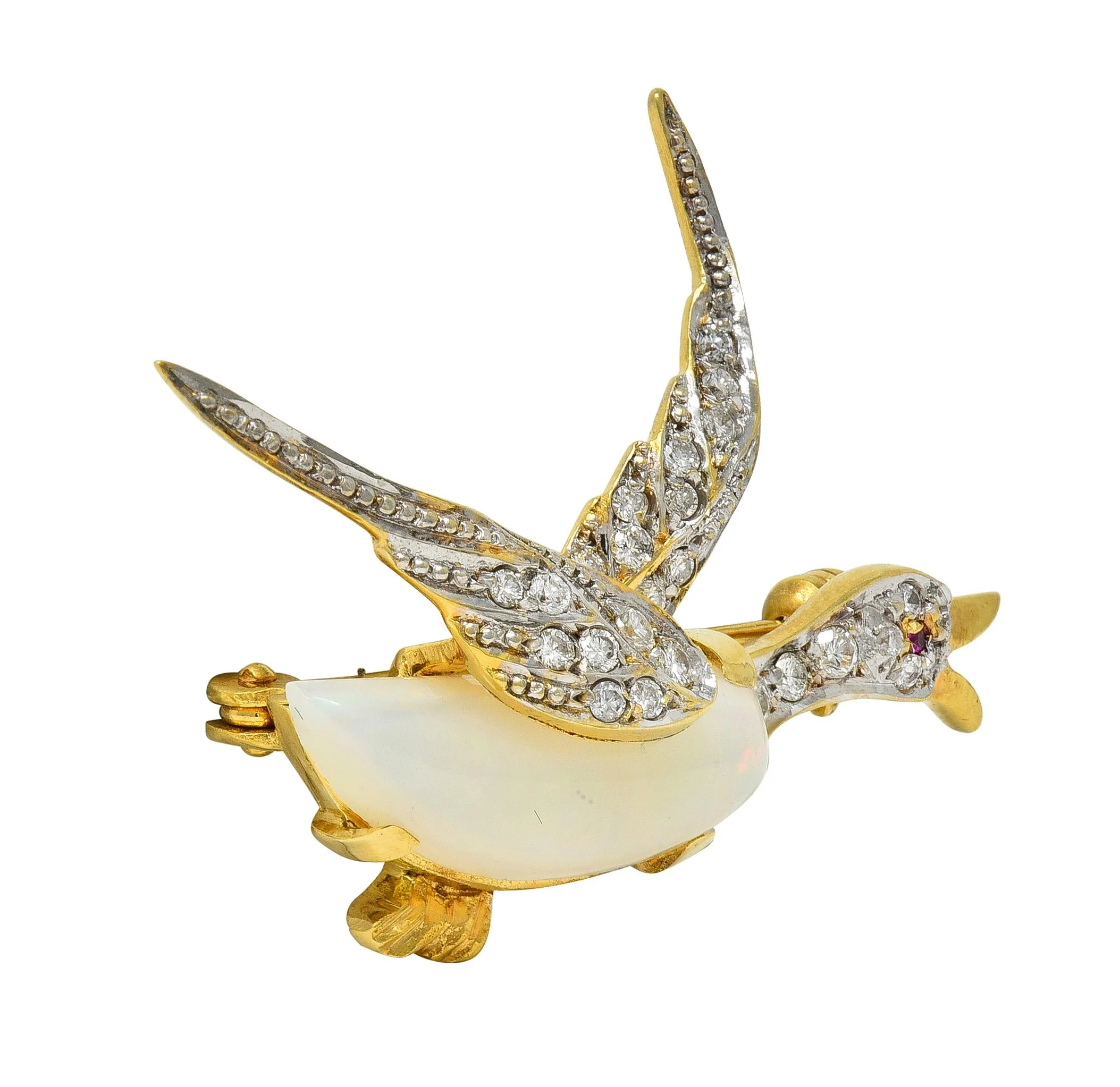 1960's Opal Diamond Ruby Platinum 18 Karat Gold Vintage Goose Bird Brooch - Image 5