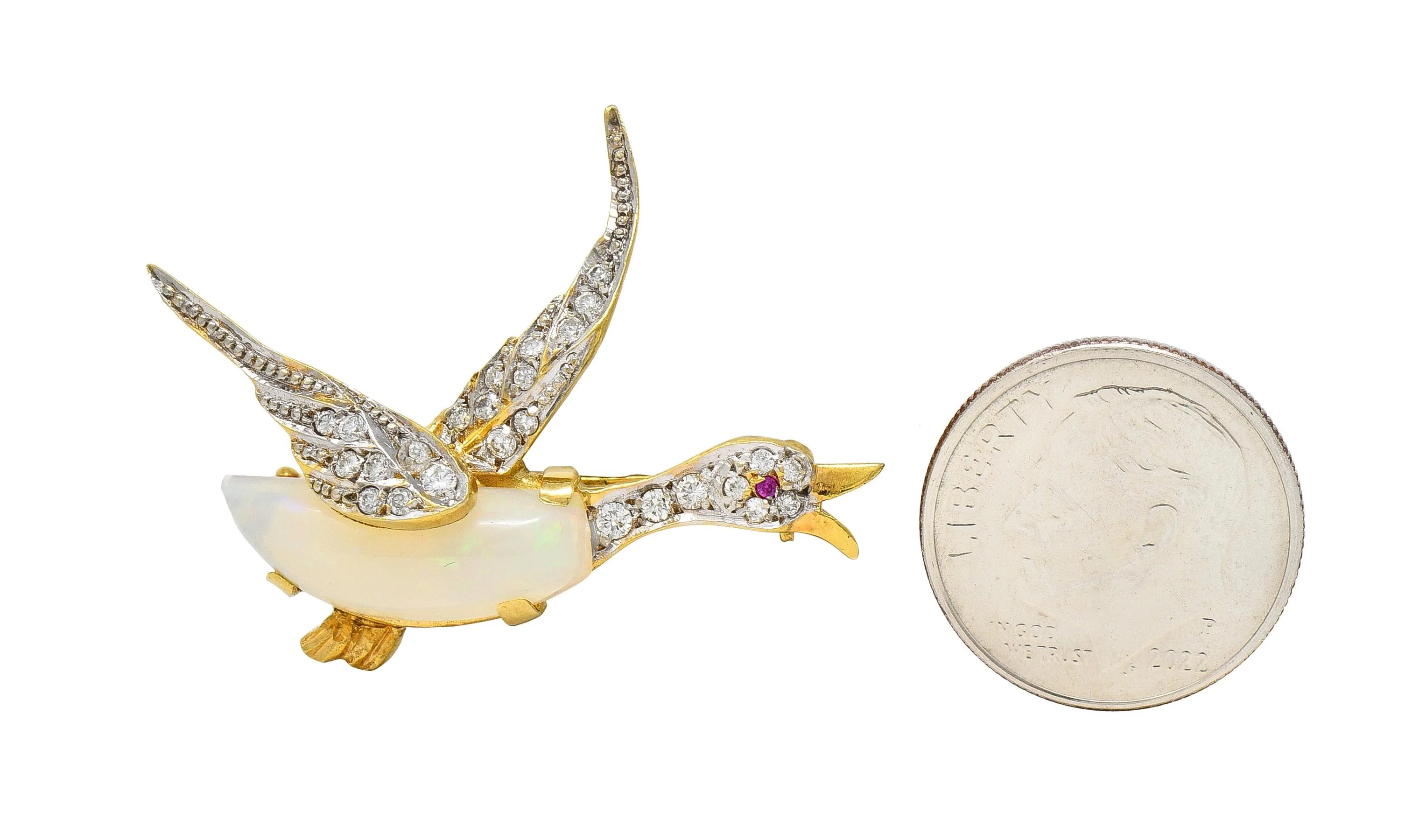 1960's Opal Diamond Ruby Platinum 18 Karat Gold Vintage Goose Bird Brooch - Image 7