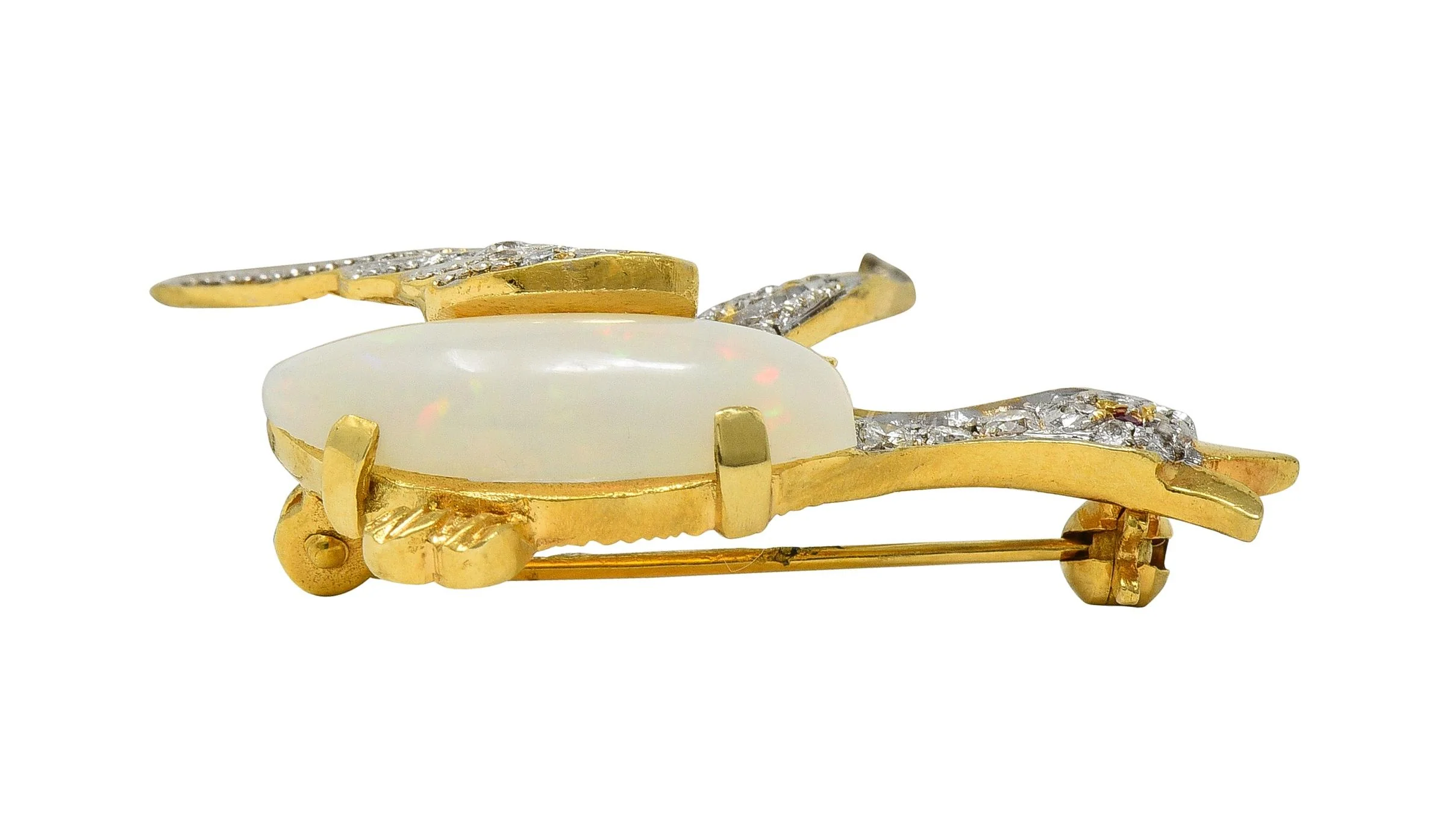 1960's Opal Diamond Ruby Platinum 18 Karat Gold Vintage Goose Bird Brooch - Image 9